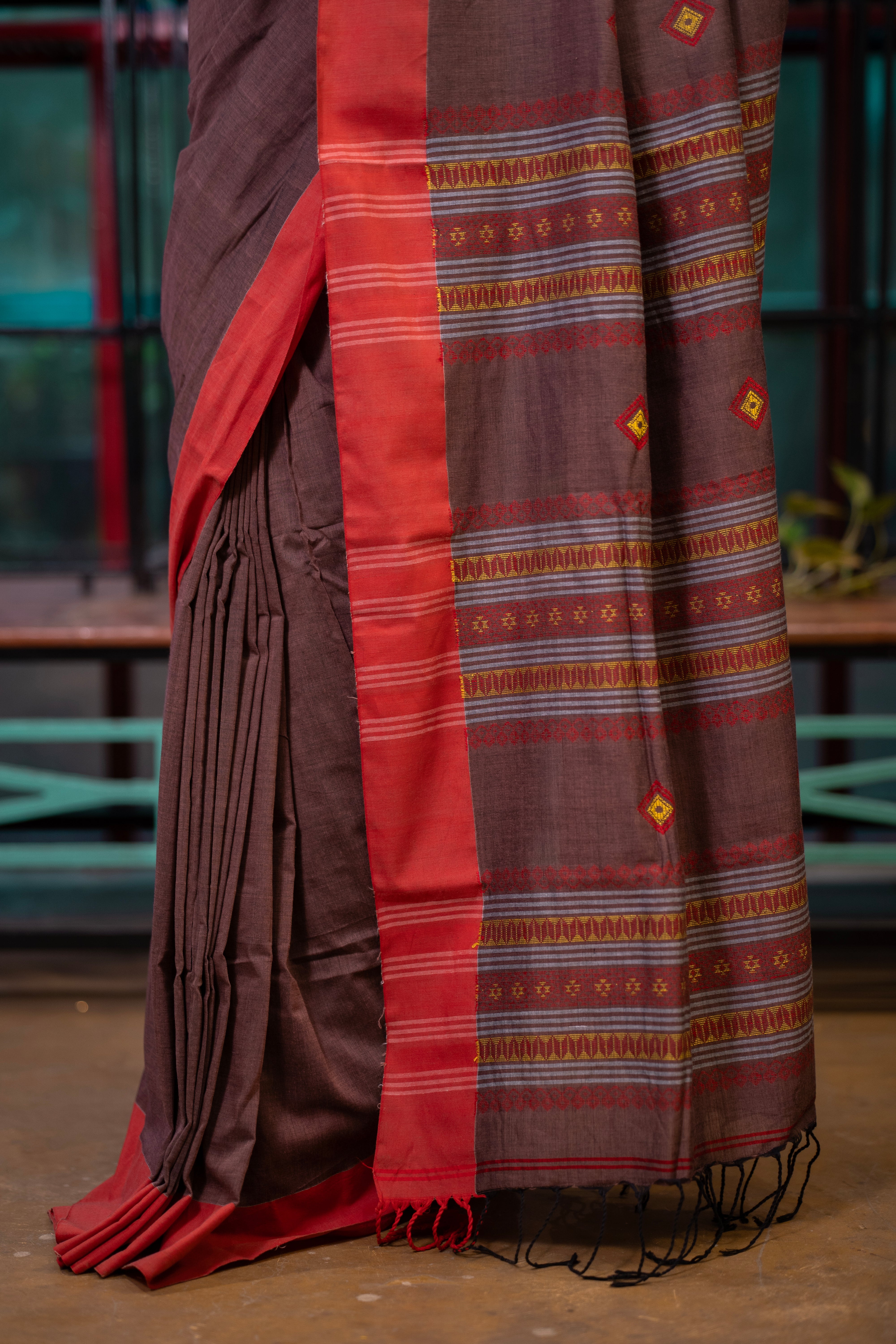 Premium Assam Khadi Cotton Handwoven Saree- Chocolate & Red