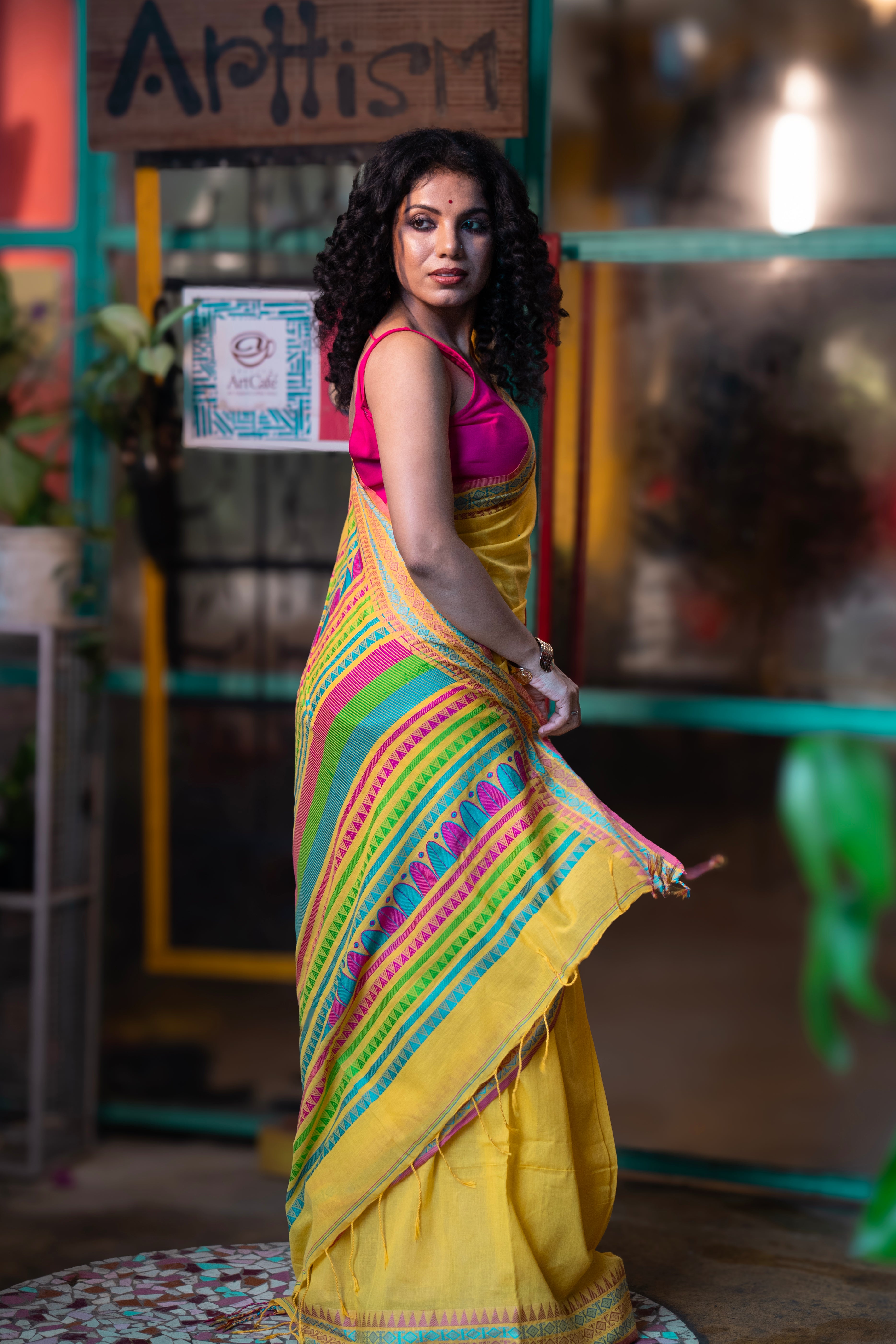 Yellow Pure Masrise Cotton Handwoven Saree with contrast blouse piece