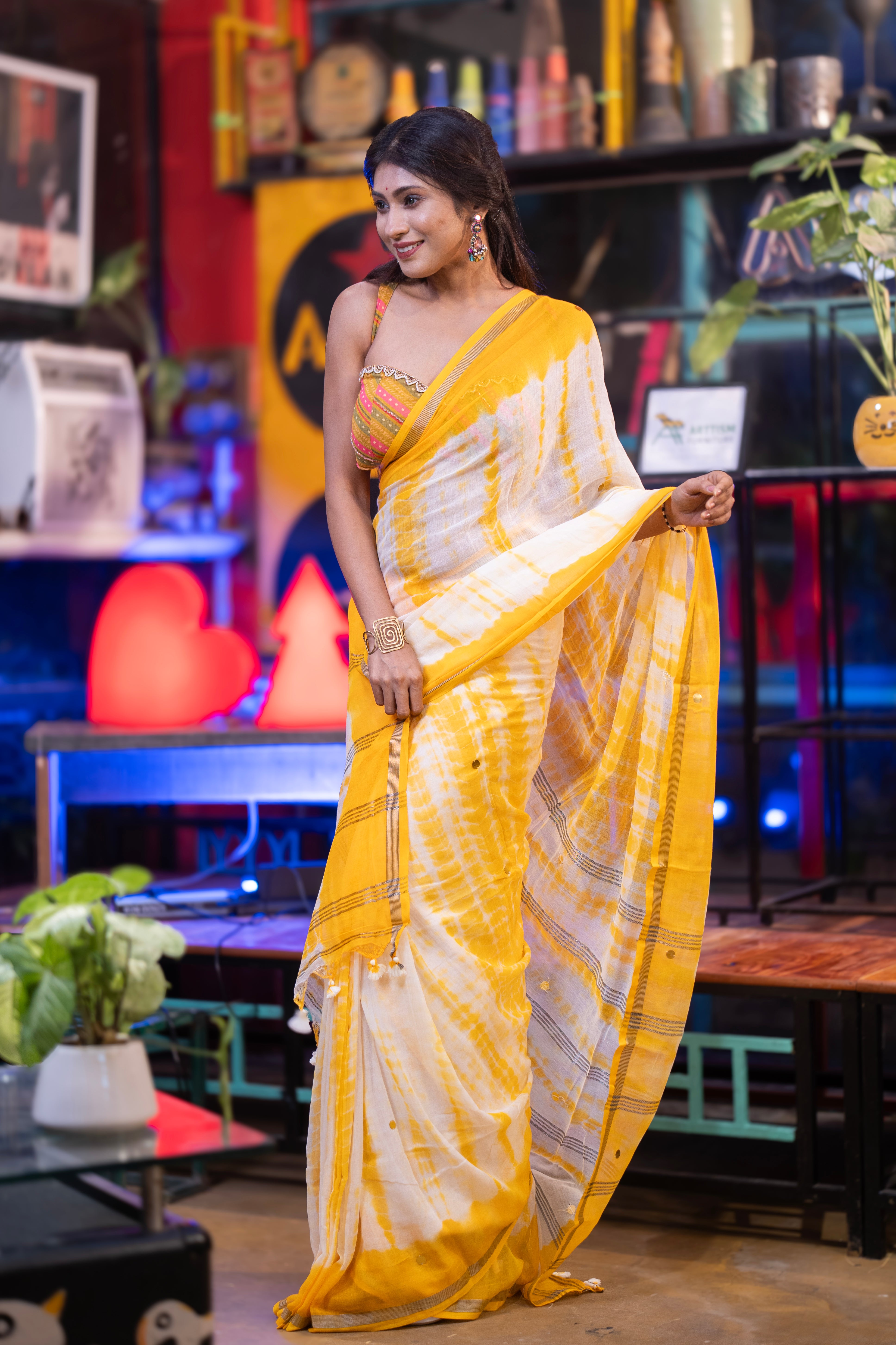 White & Yellow Shibori Gini Work Pure Mul Cotton Saree