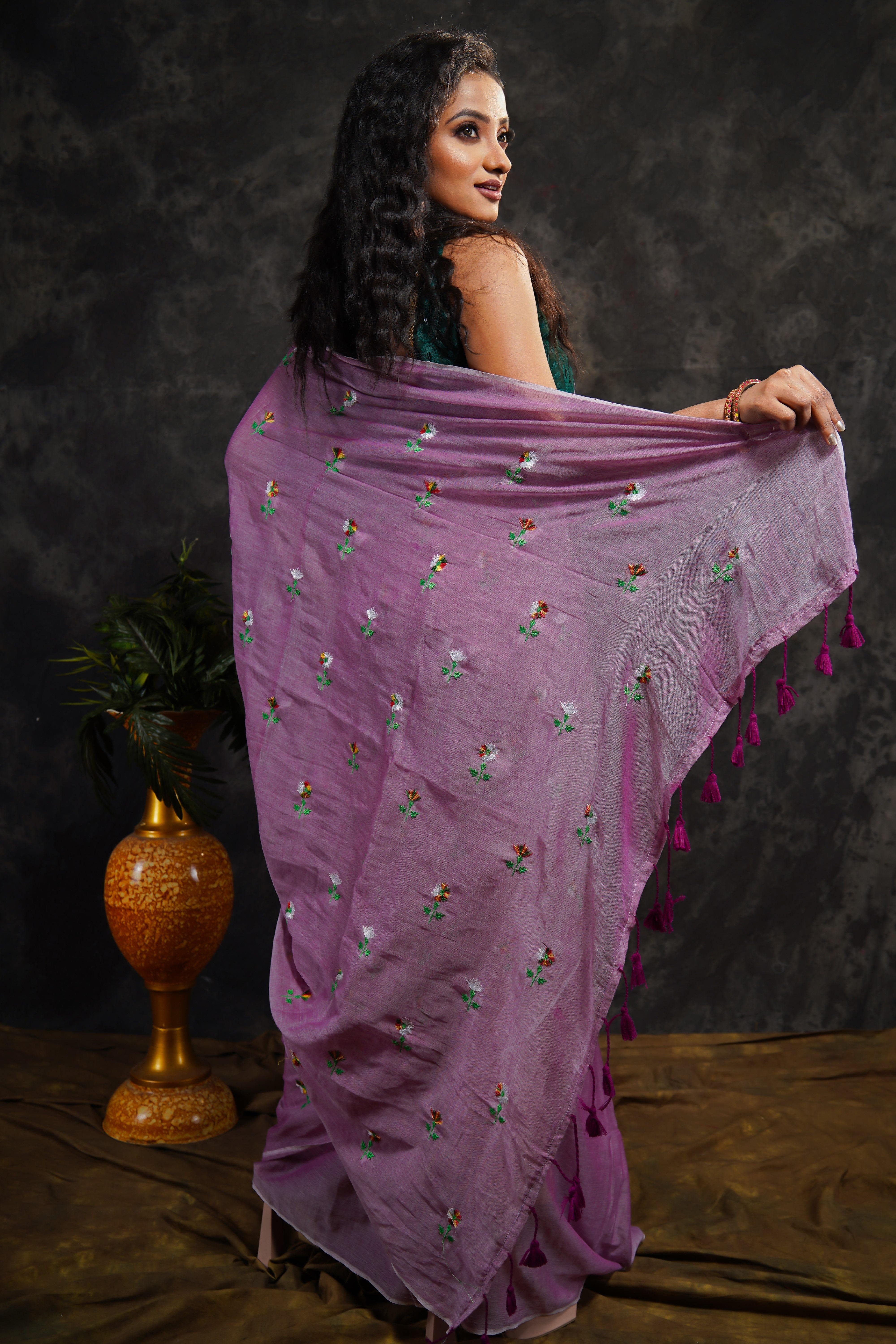 Lavender Embroidered Mul Mul Cotton Saree