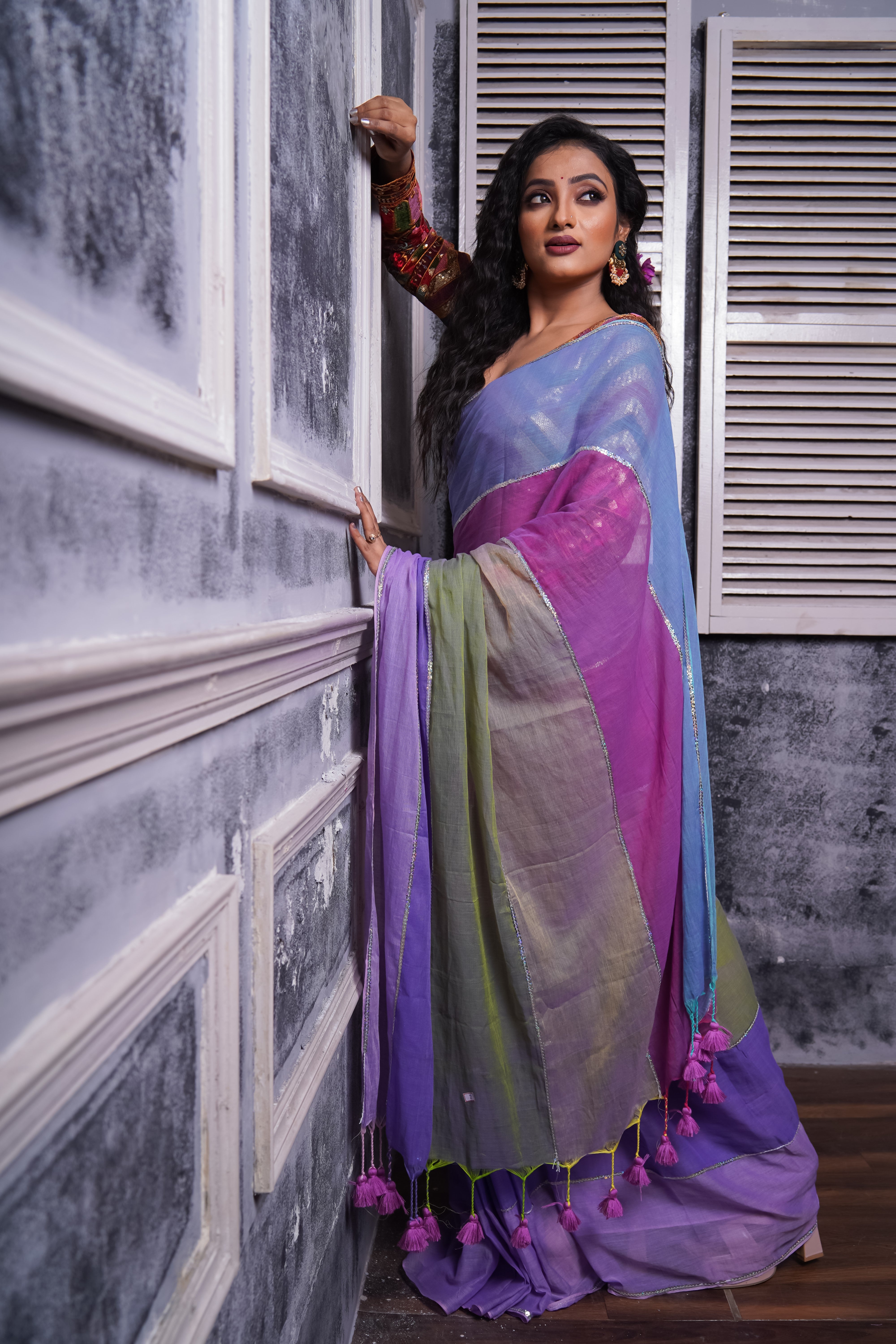 Light Purple Mul Mul Cotton Saree with Multi Rainbow Sequence Work