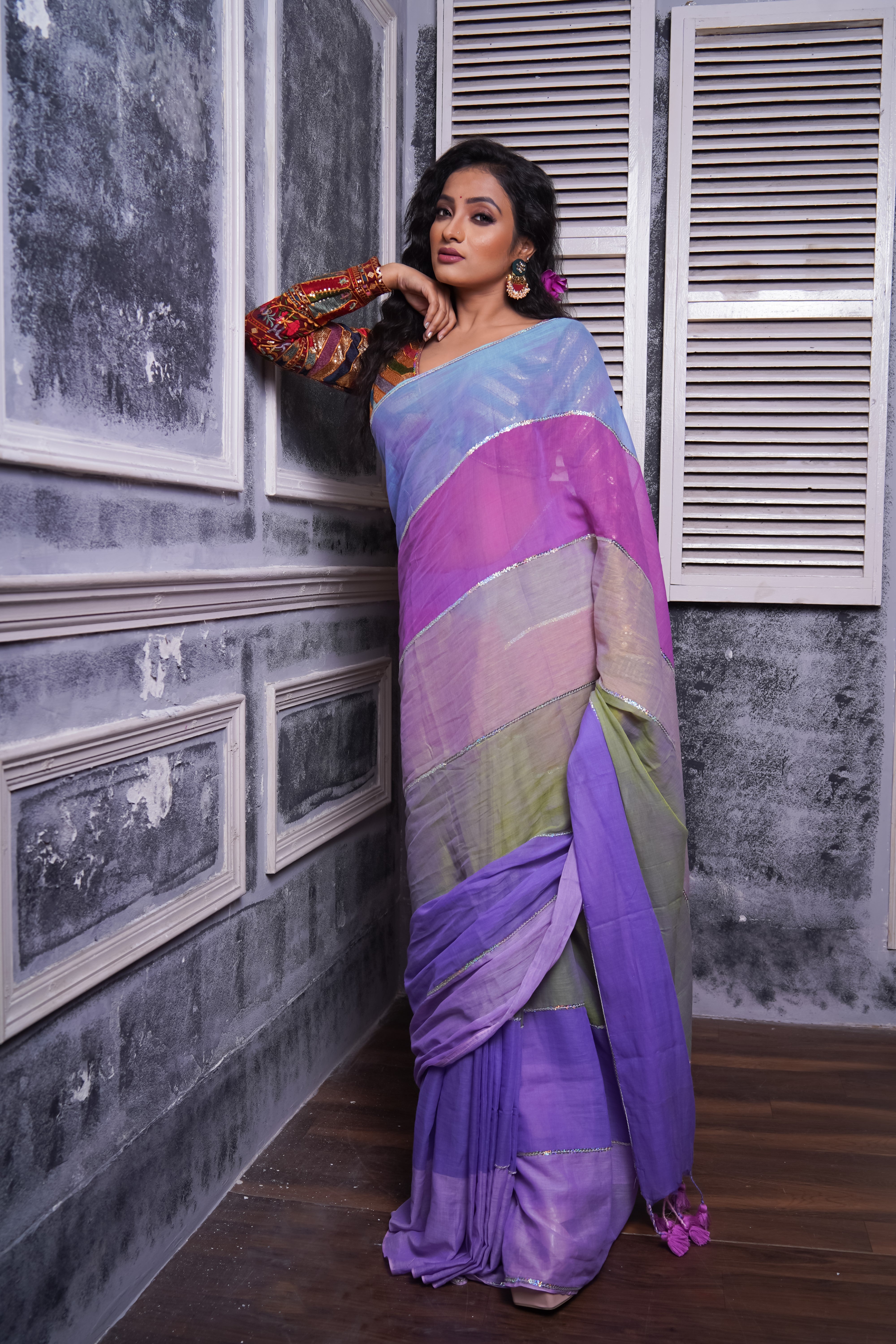 Light Purple Mul Mul Cotton Saree with Multi Rainbow Sequence Work