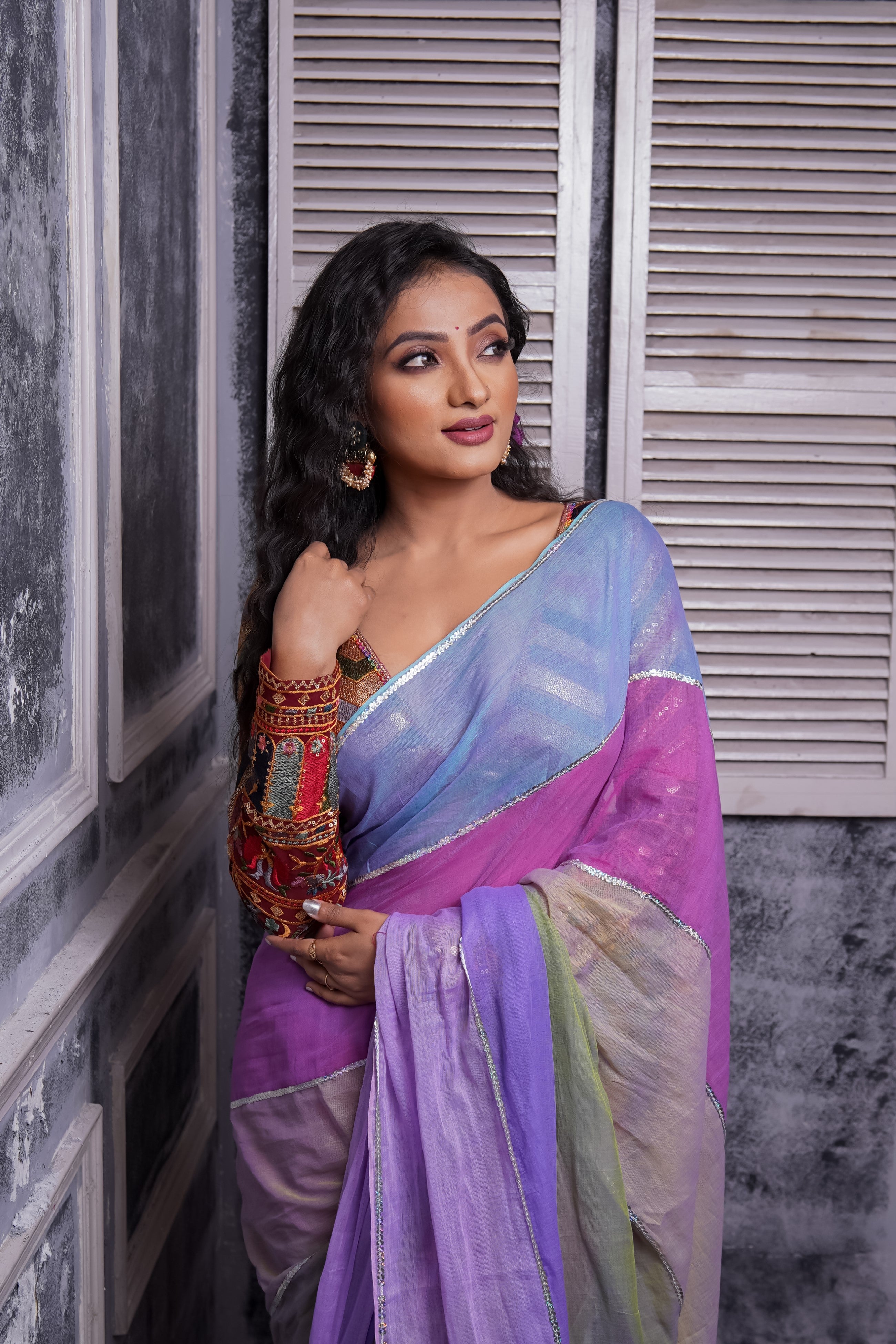 Light Purple Mul Mul Cotton Saree with Multi Rainbow Sequence Work