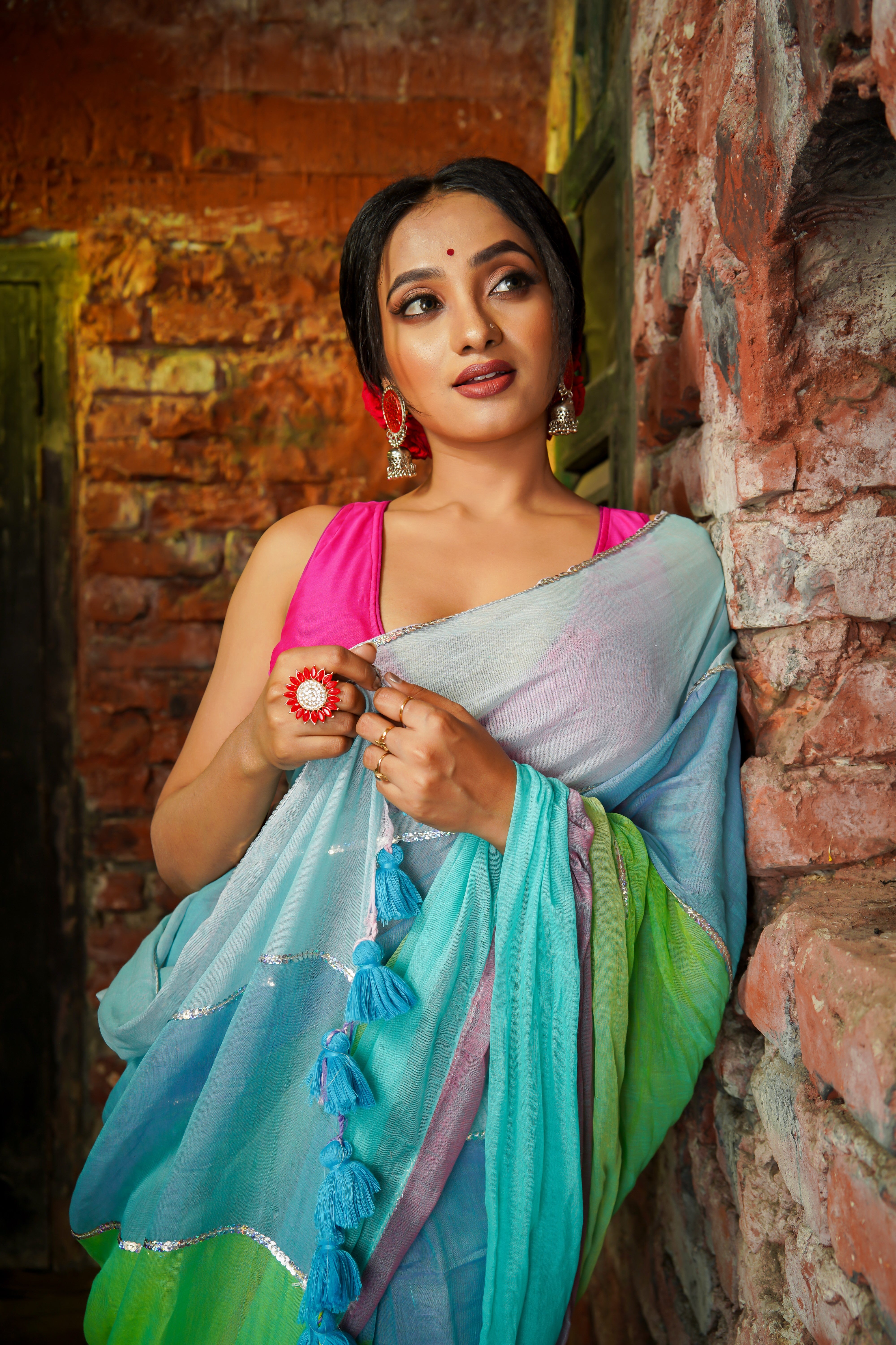 Light Blue Mul Mul Cotton Saree with Multi Rainbow Sequence Work