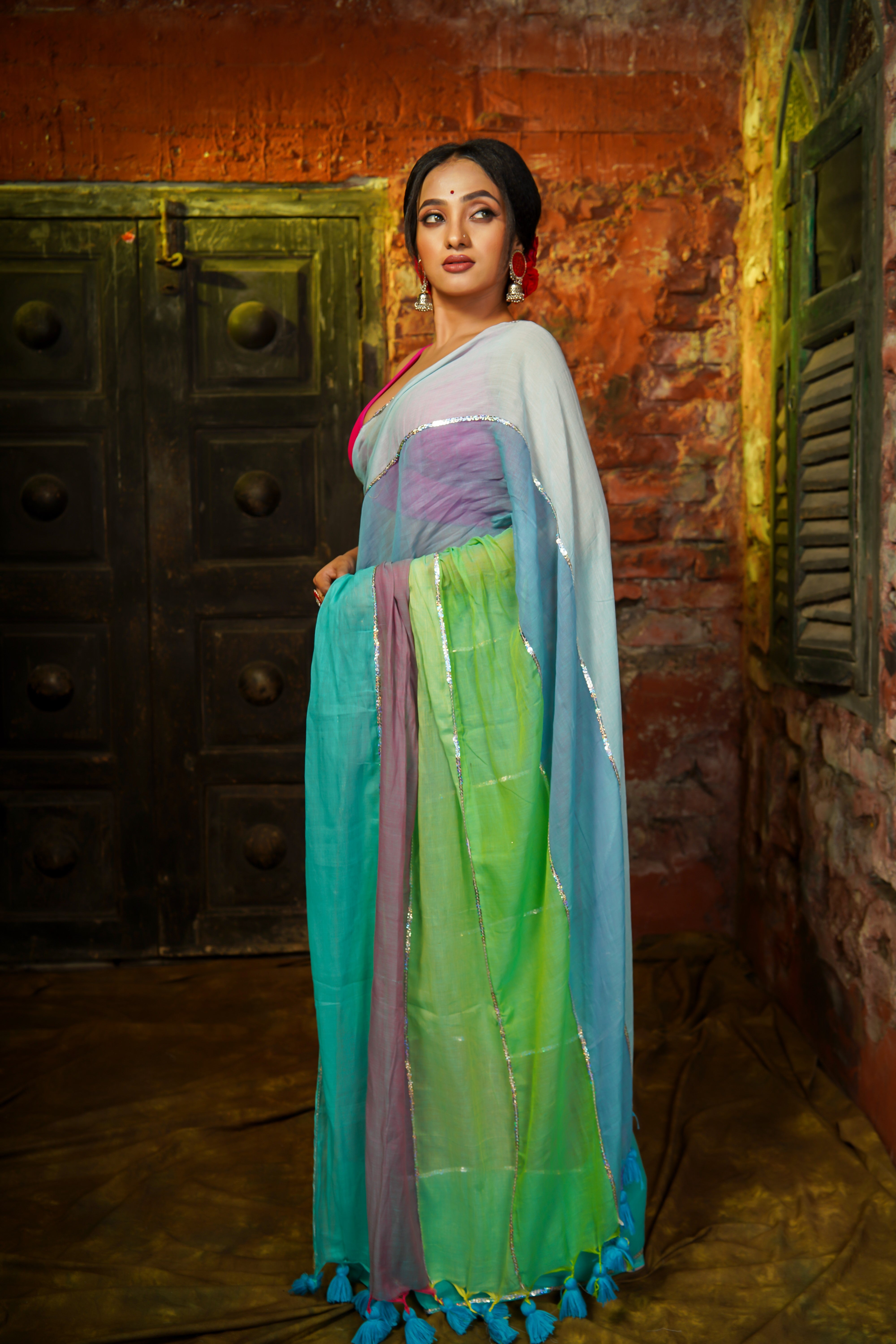 Light Blue Mul Mul Cotton Saree with Multi Rainbow Sequence Work