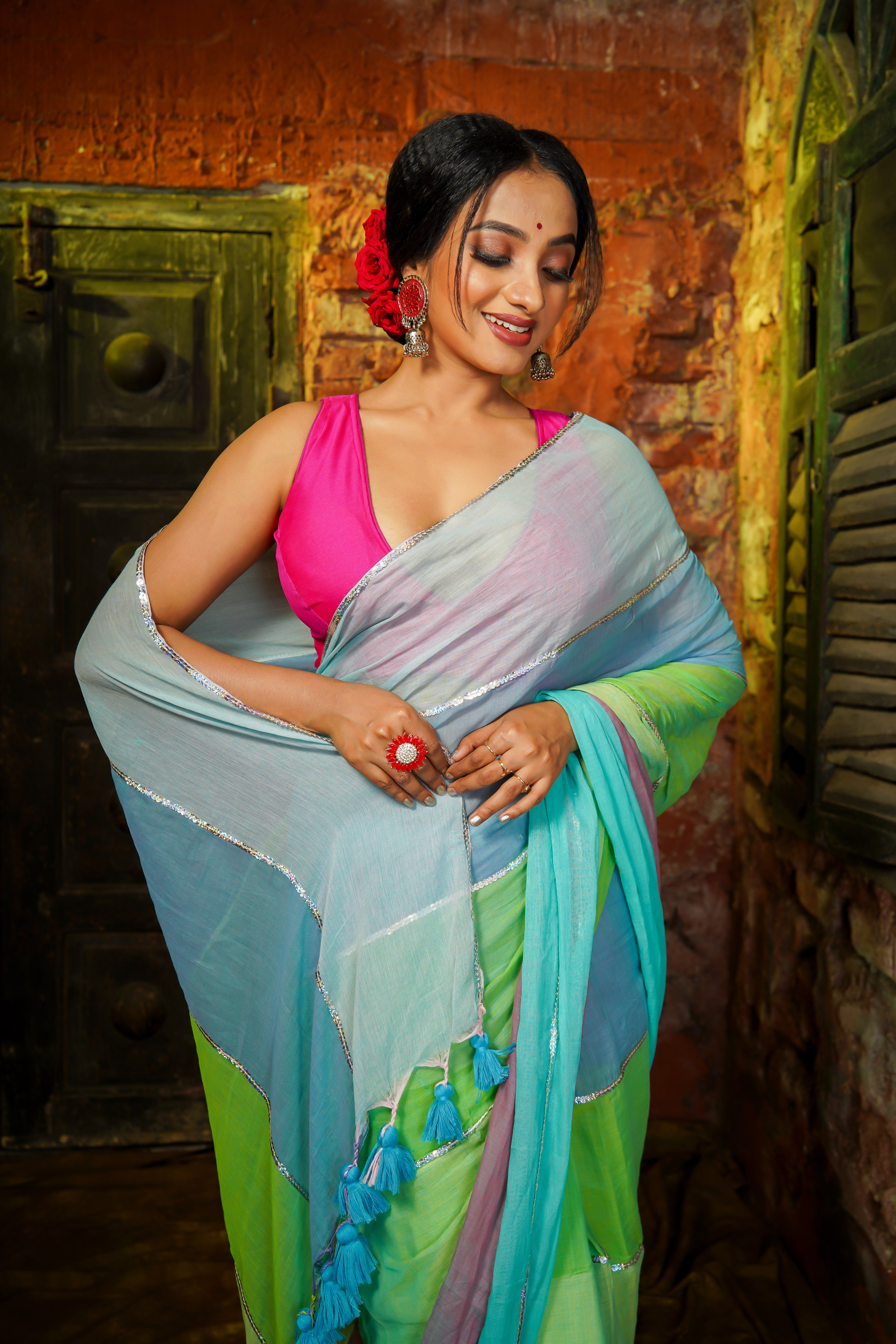 Light Blue Mul Mul Cotton Saree with Multi Rainbow Sequence Work