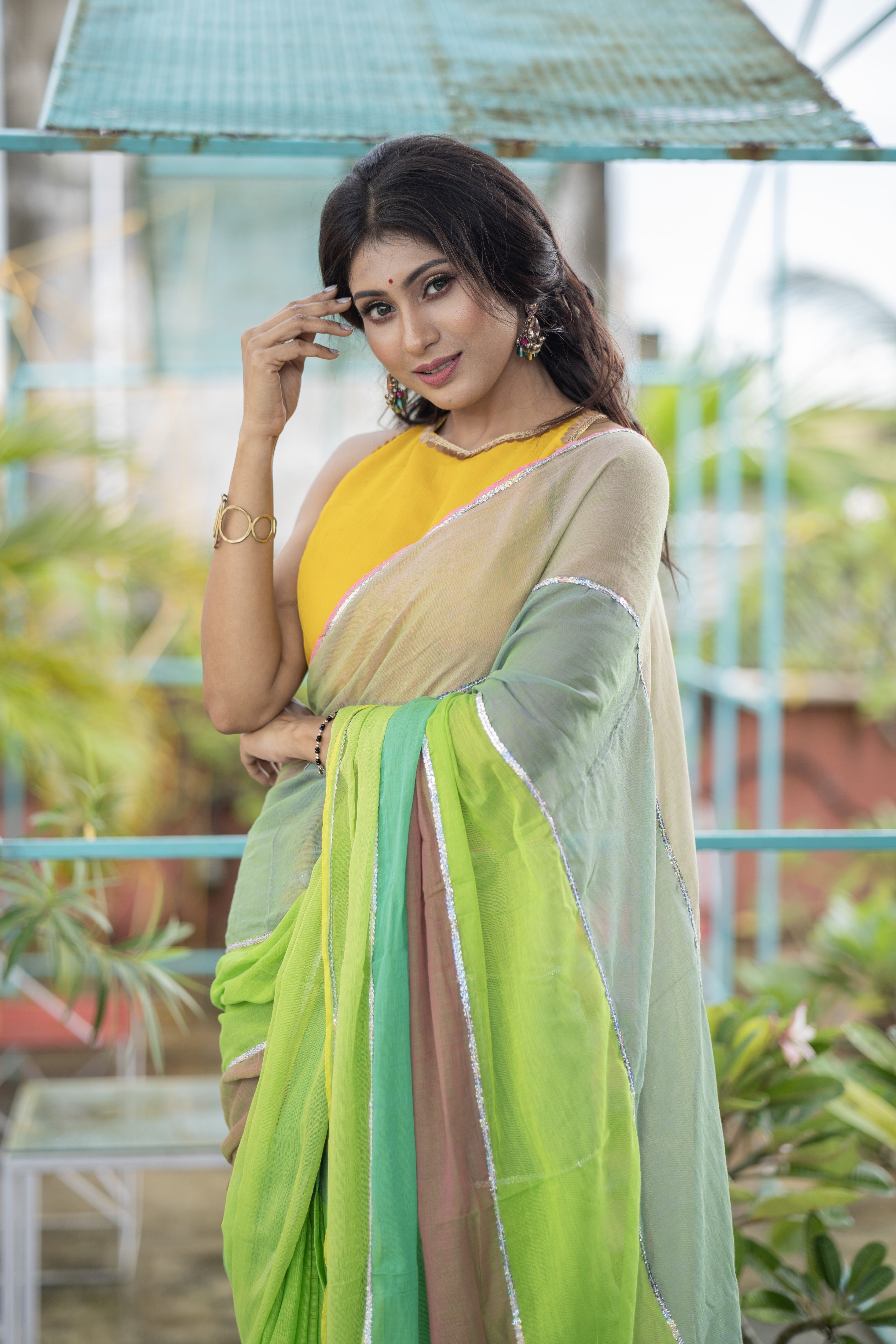 Light green Mul Mul Cotton Saree with Multi Rainbow Sequence Work