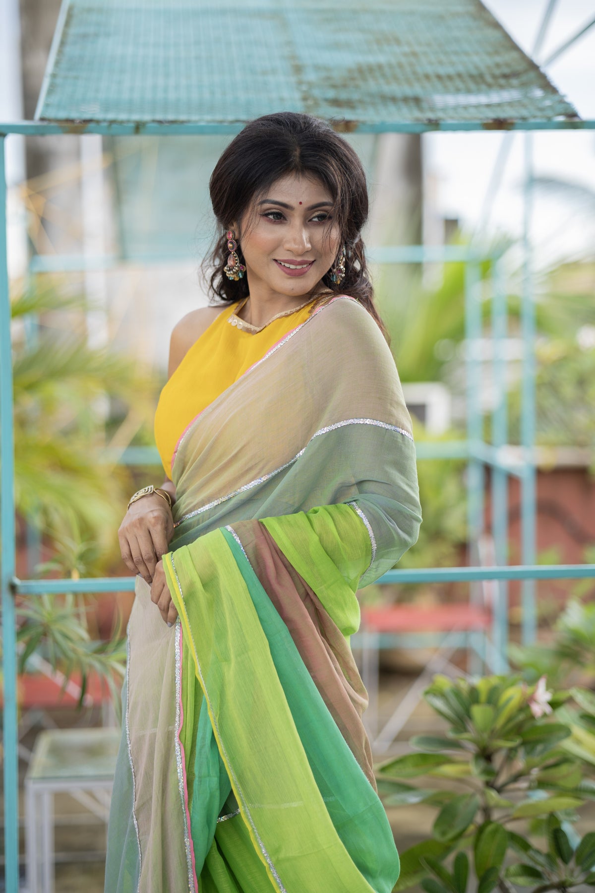 Light green Mul Mul Cotton Saree with Multi Rainbow Sequence Work