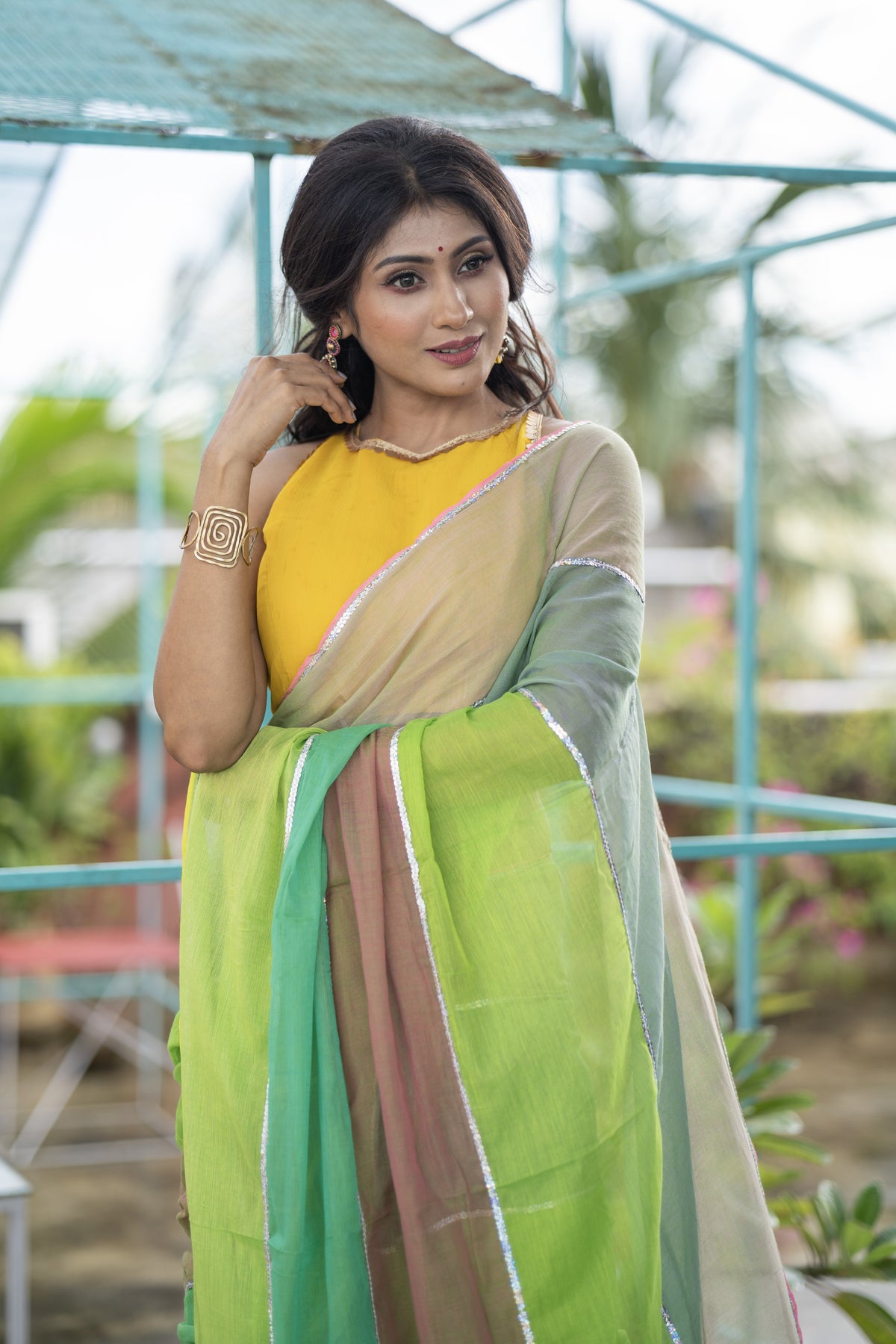 Light green Mul Mul Cotton Saree with Multi Rainbow Sequence Work