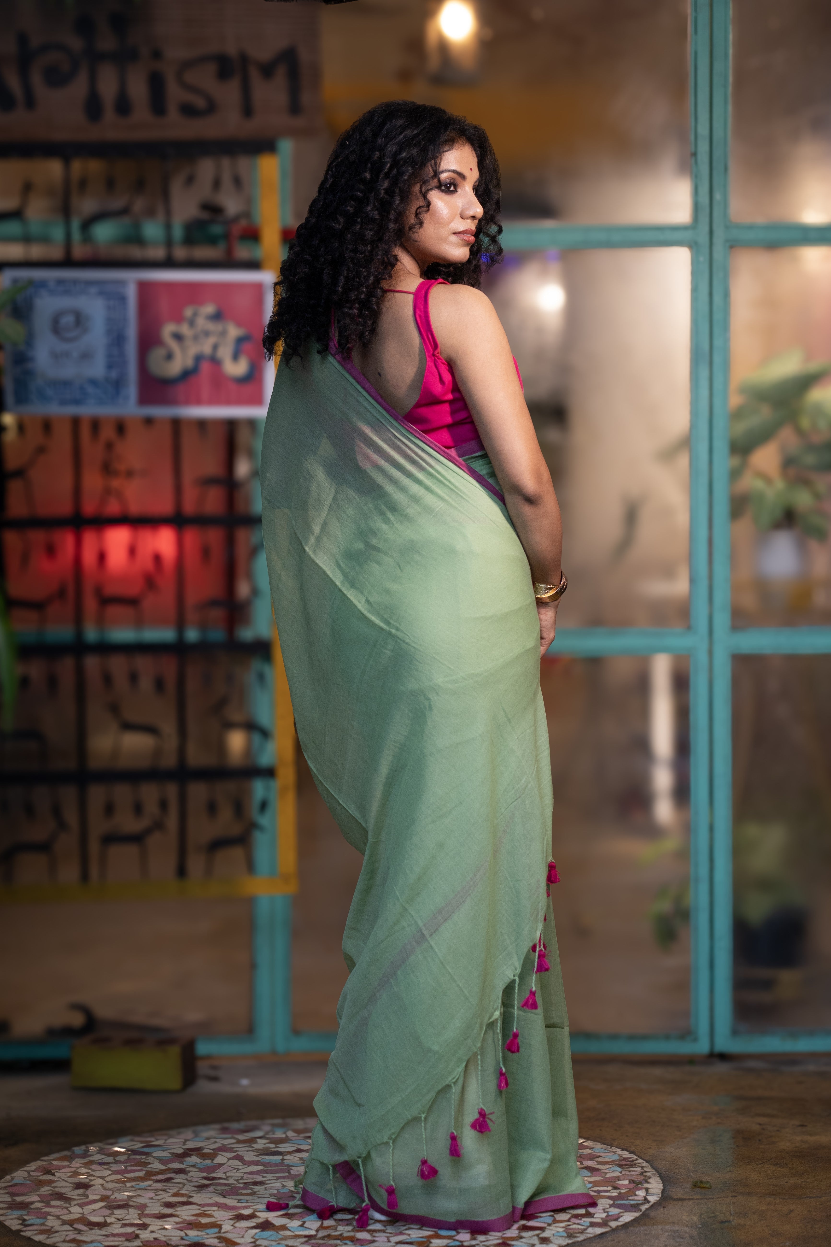 Light green Pure Mulmul Cotton Saree with blouse piece