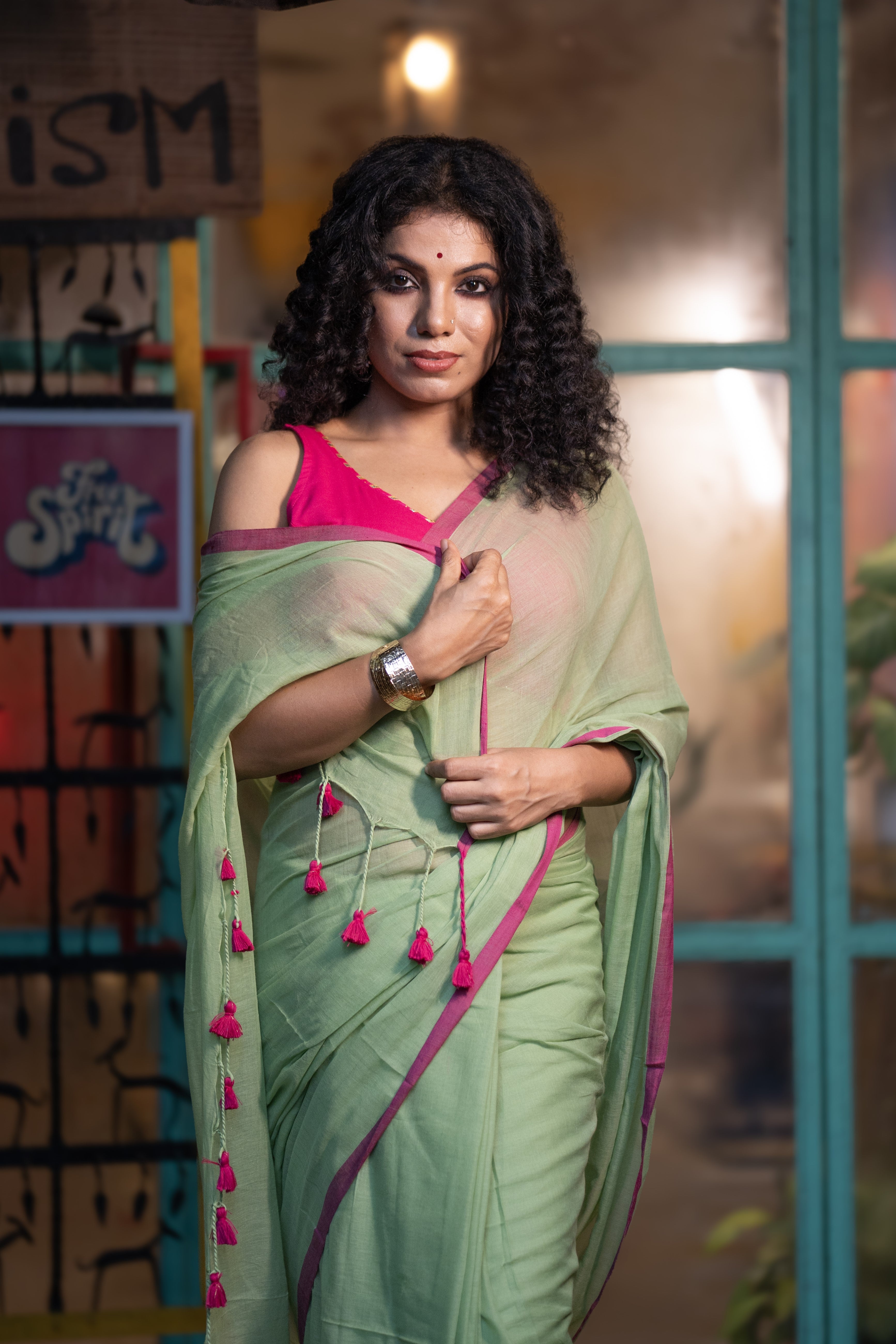 Light green Pure Mulmul Cotton Saree with blouse piece