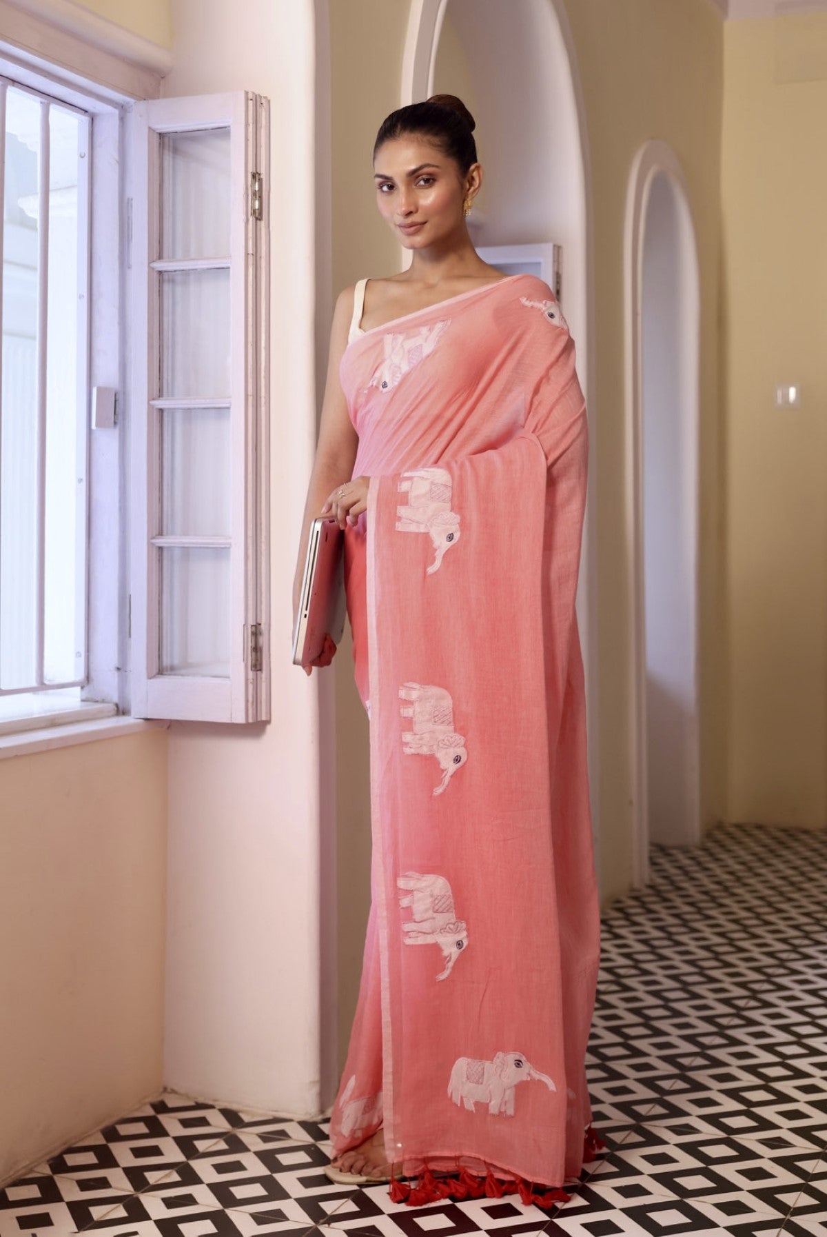 Light Pink Mulmul Cotton Saree with Elephant Applique Work