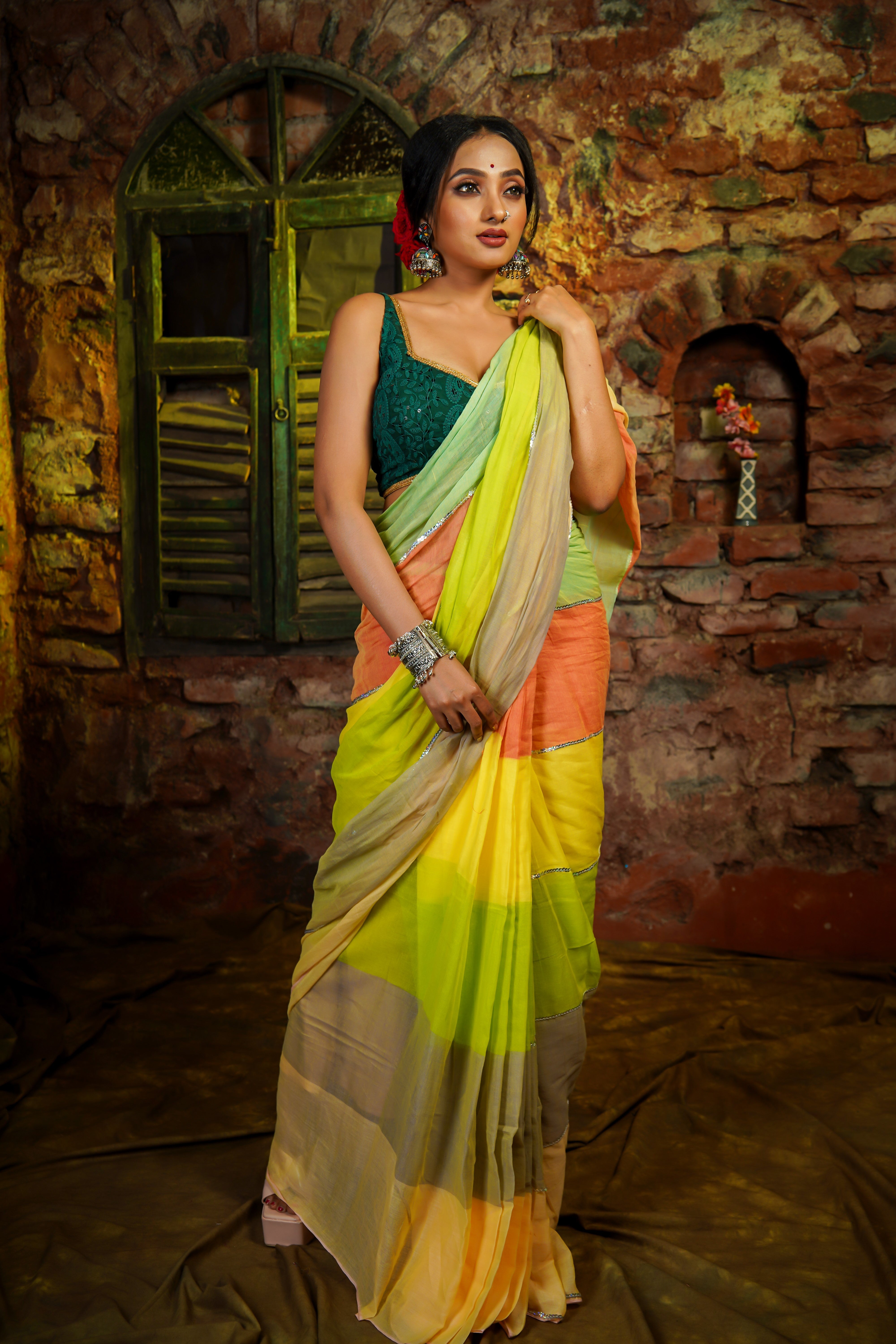 Lime Green Mul Mul Cotton Saree with Multi Rainbow Sequence Work