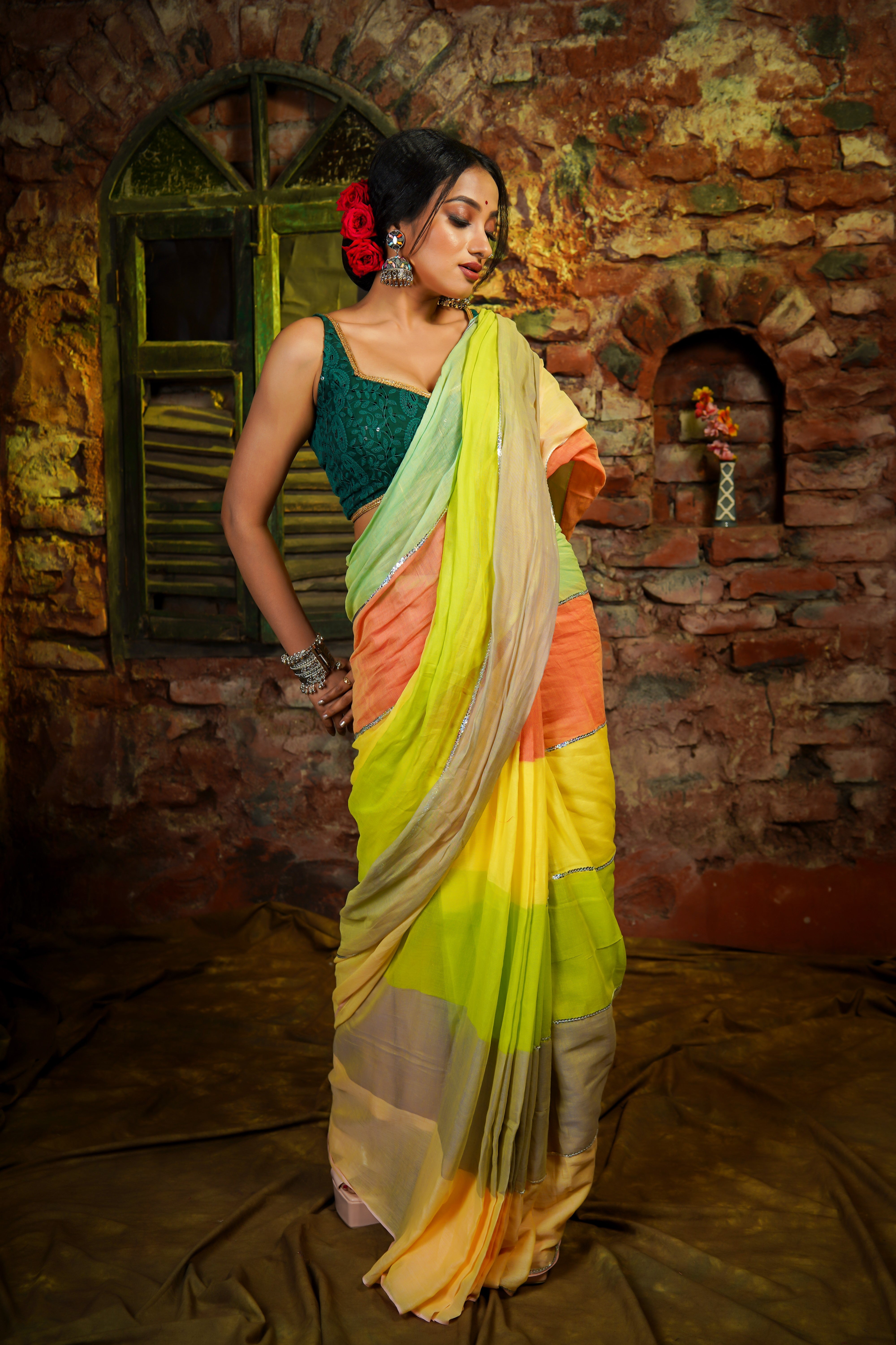Lime Green Mul Mul Cotton Saree with Multi Rainbow Sequence Work