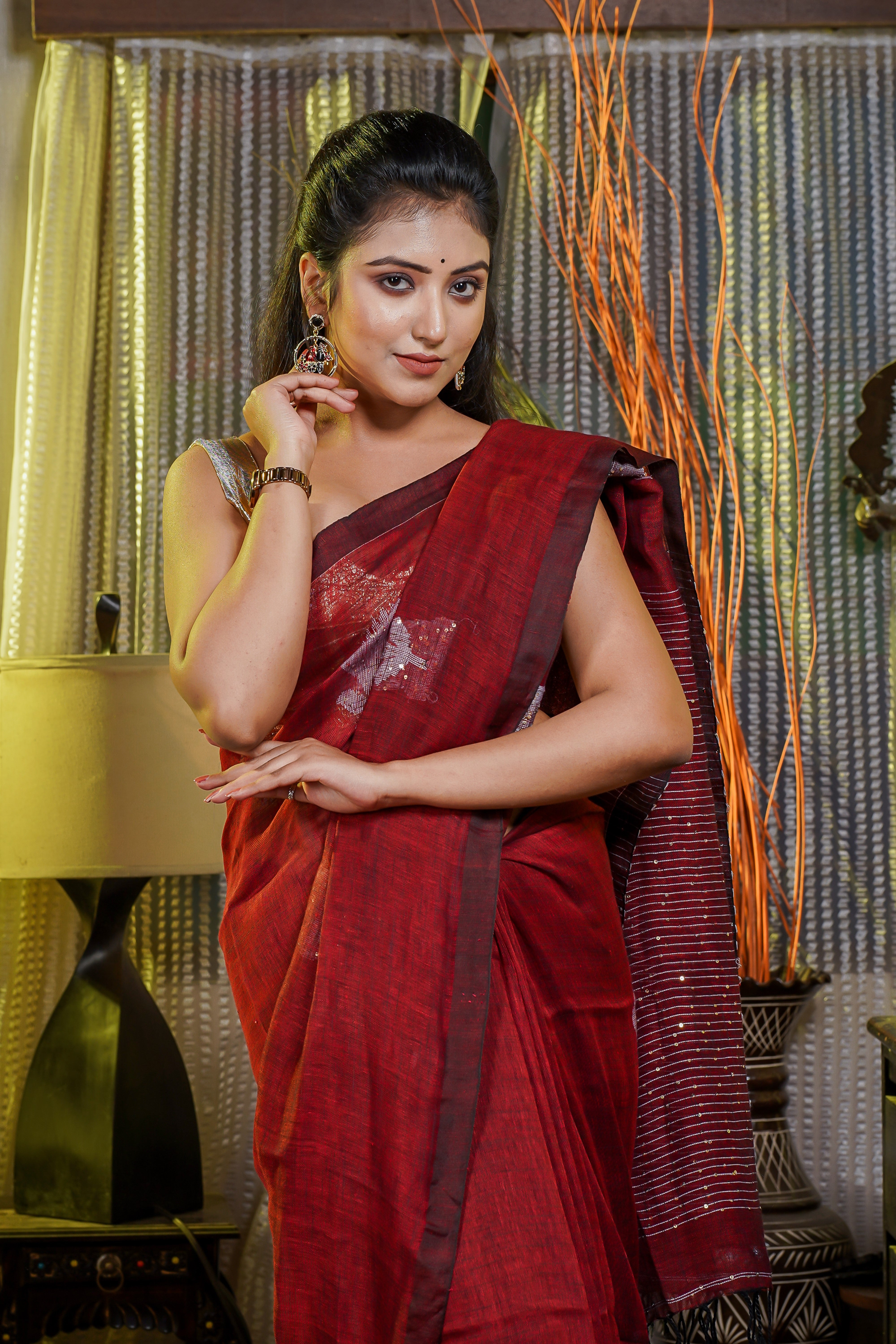 Maroon sequence work rose motif Handwoven Linen Saree with blouse piece