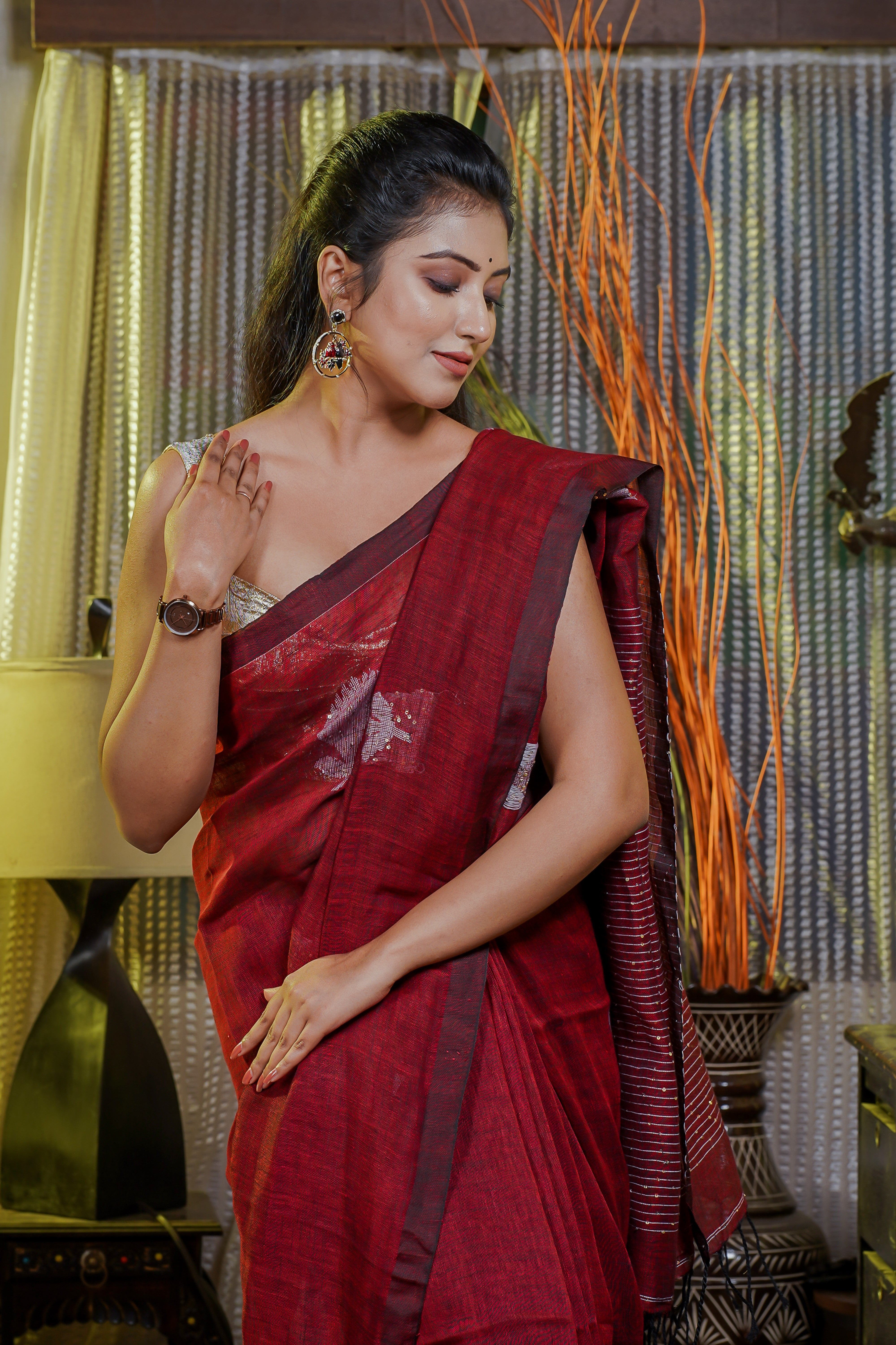Maroon sequence work rose motif Handwoven Linen Saree with blouse piece