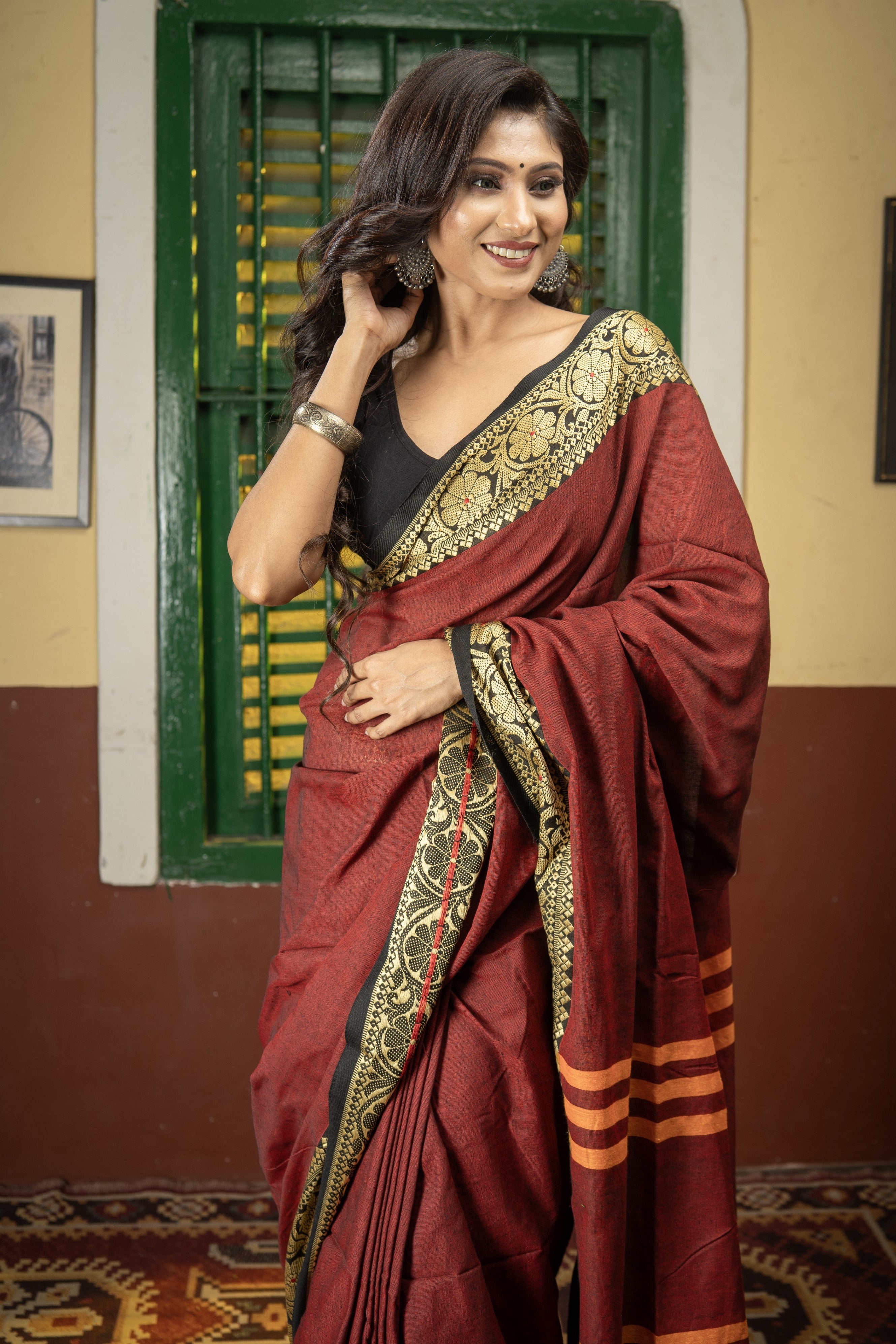 Maroon Handweaving Pure Cotton Saree with blouse piece