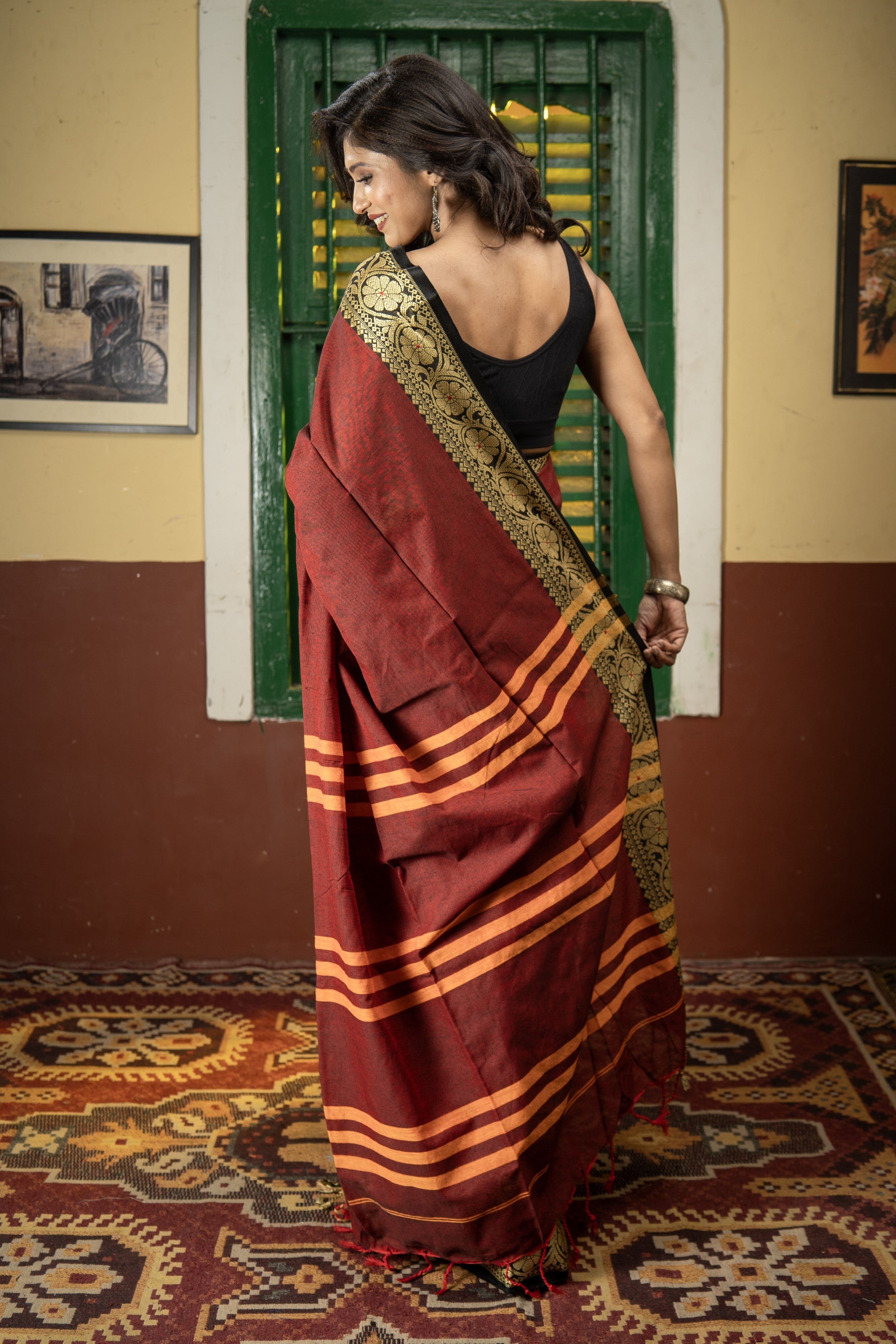 Maroon Handweaving Pure Cotton Saree with blouse piece