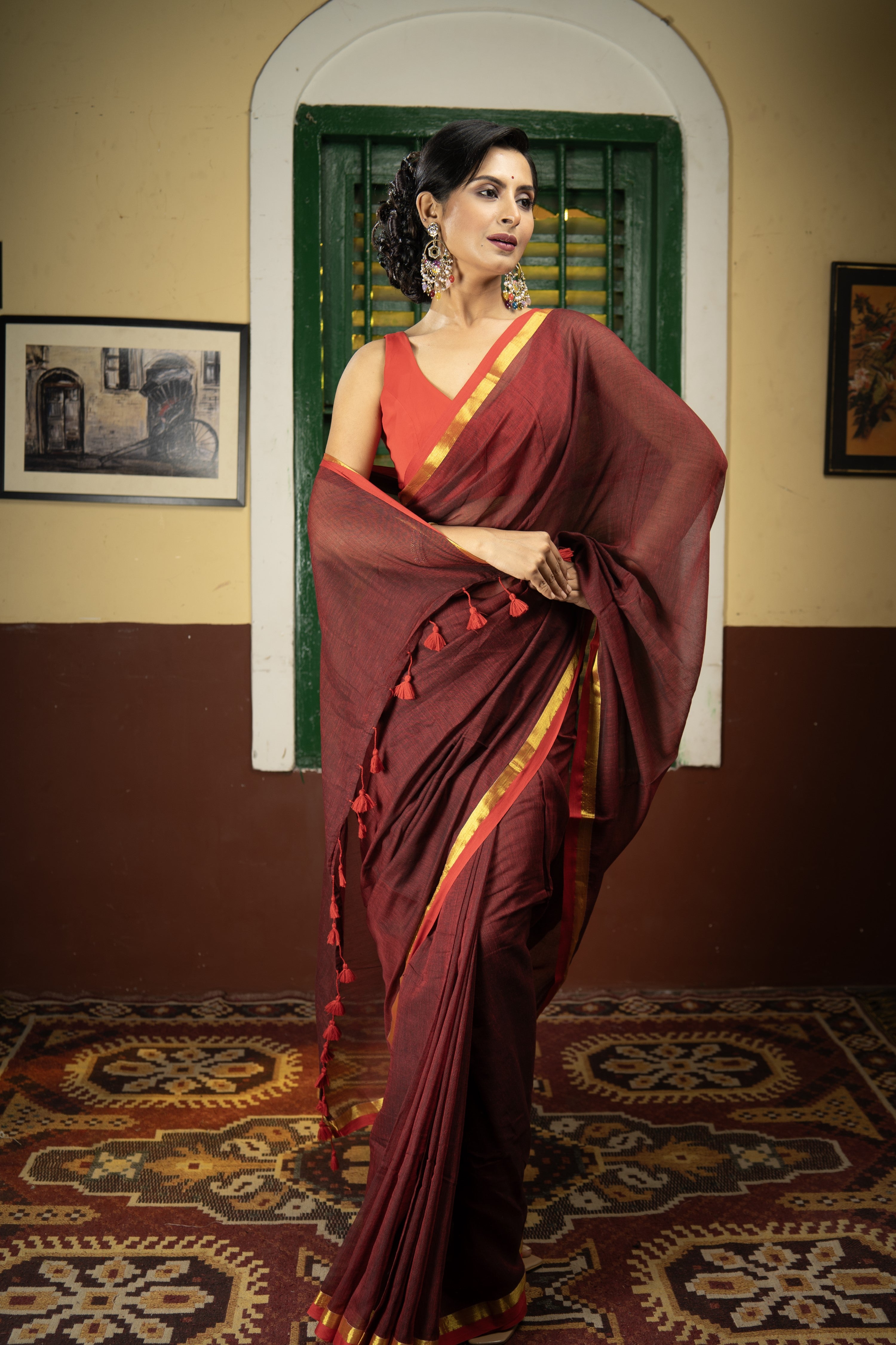 Maroon Mul Mul Cotton Saree With Red Golden Border