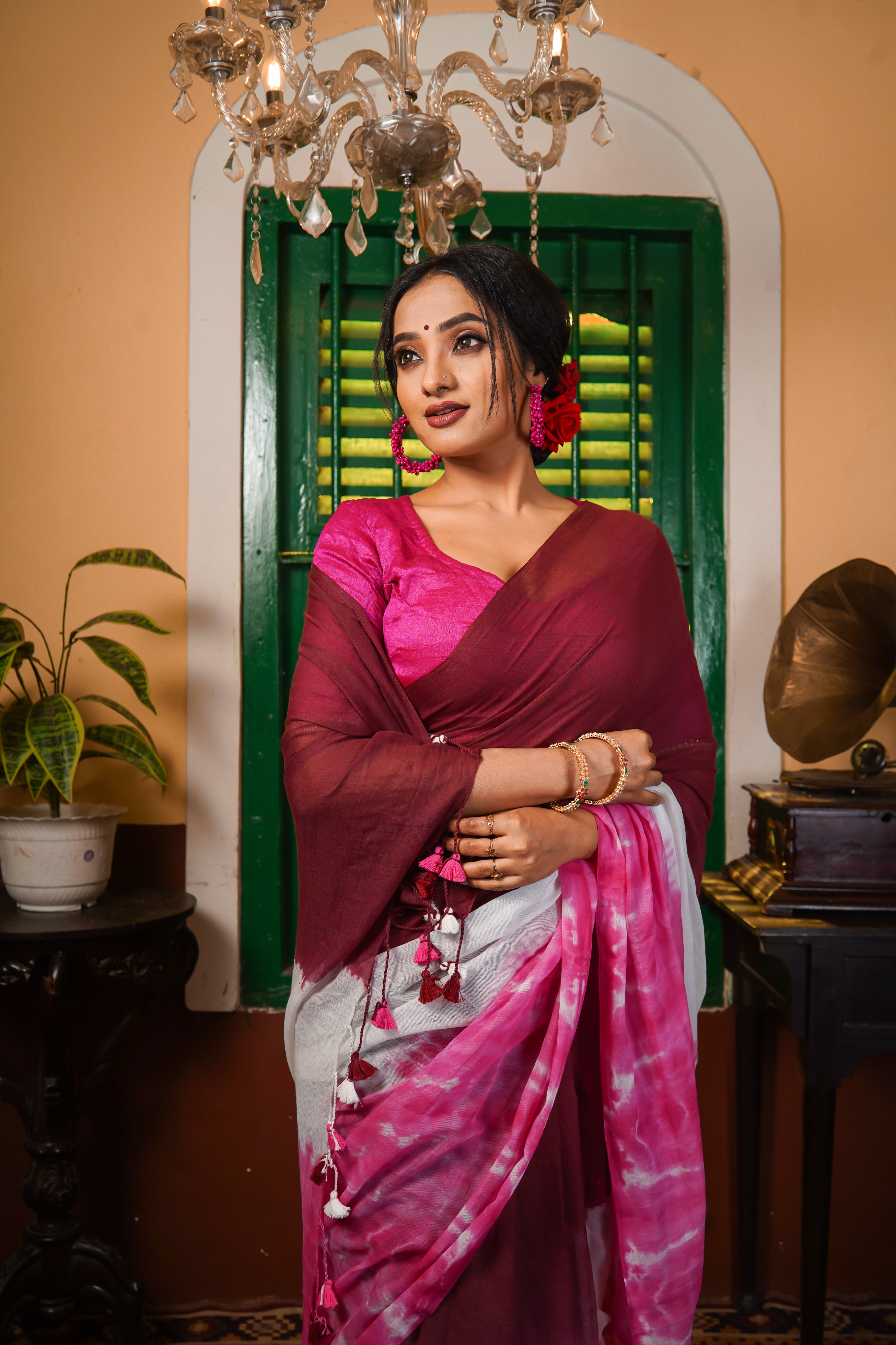RangAmbar Maroon Multi Shibori Mul Mul Cotton Saree
