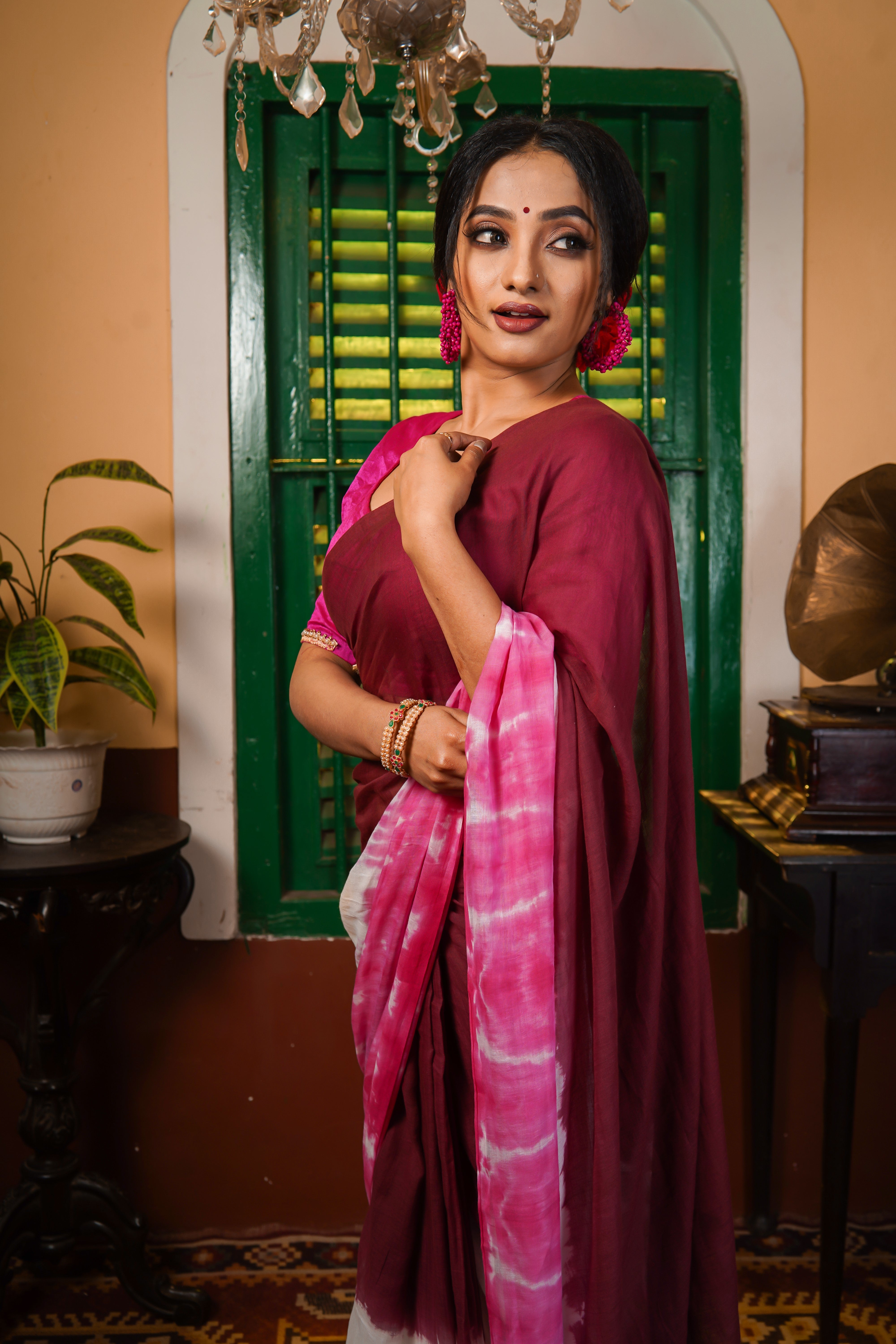 RangAmbar Maroon Multi Shibori Mul Mul Cotton Saree