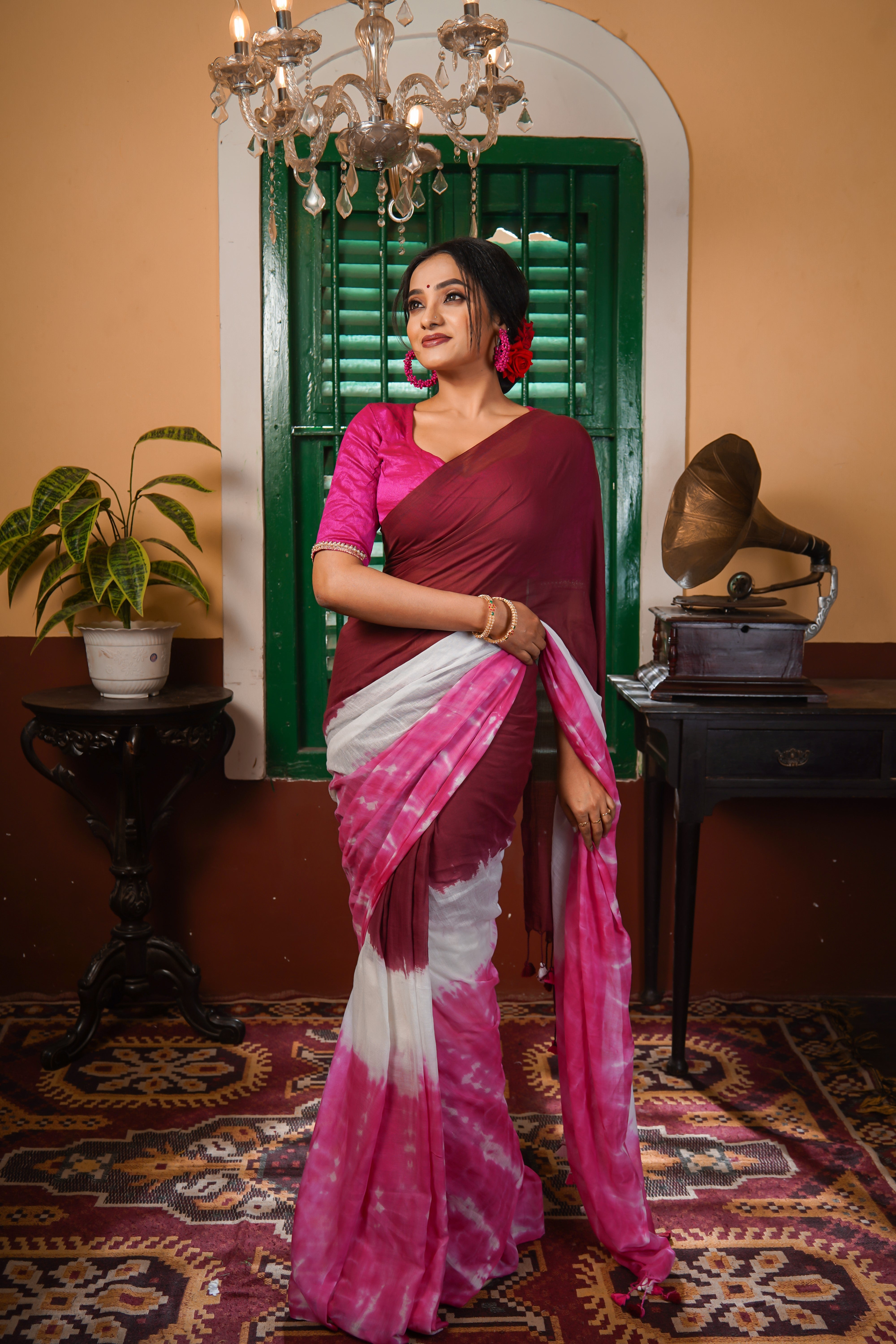 RangAmbar Maroon Multi Shibori Mul Mul Cotton Saree