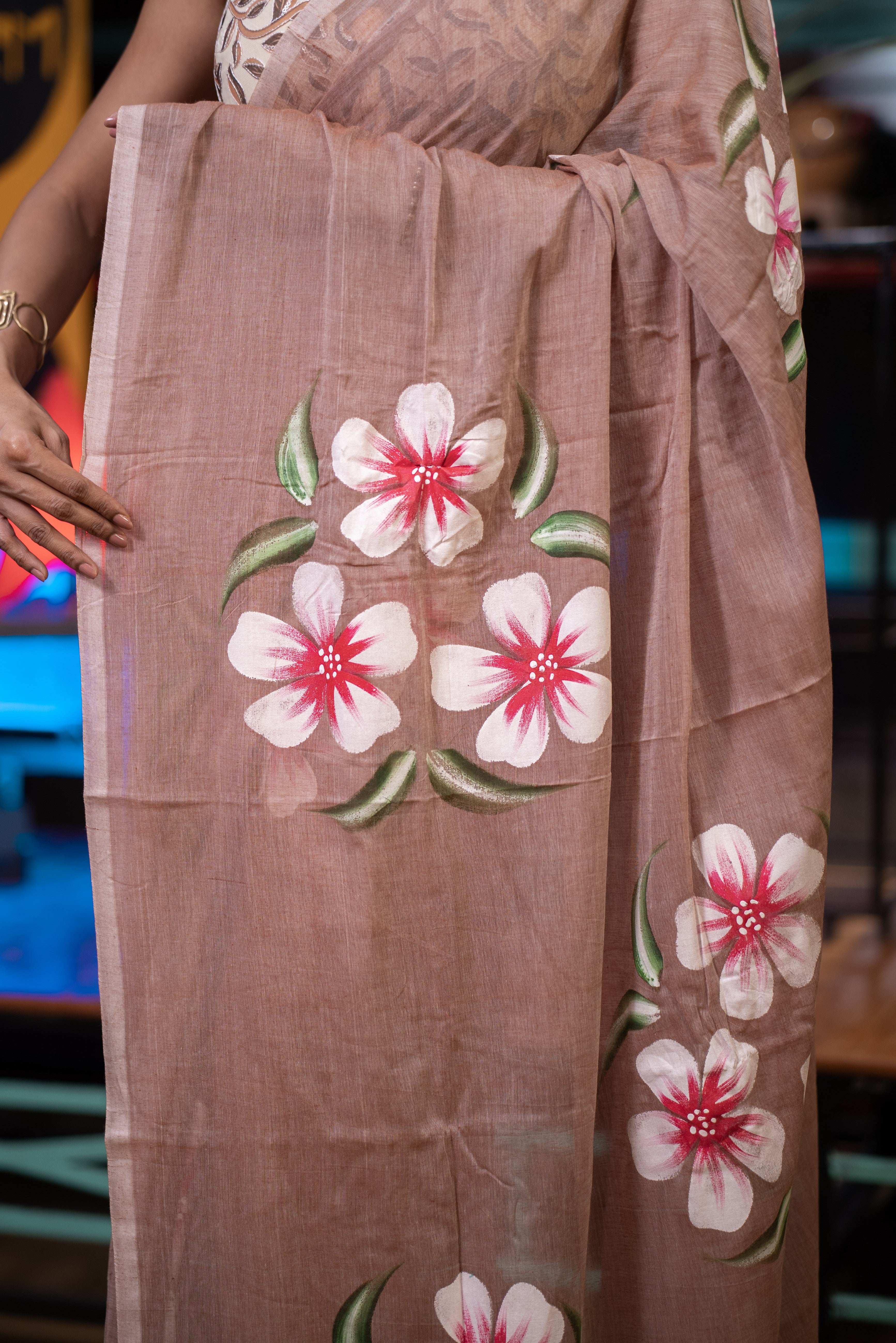 Mocha Flower Hand-Printed Mulmul Cotton Saree