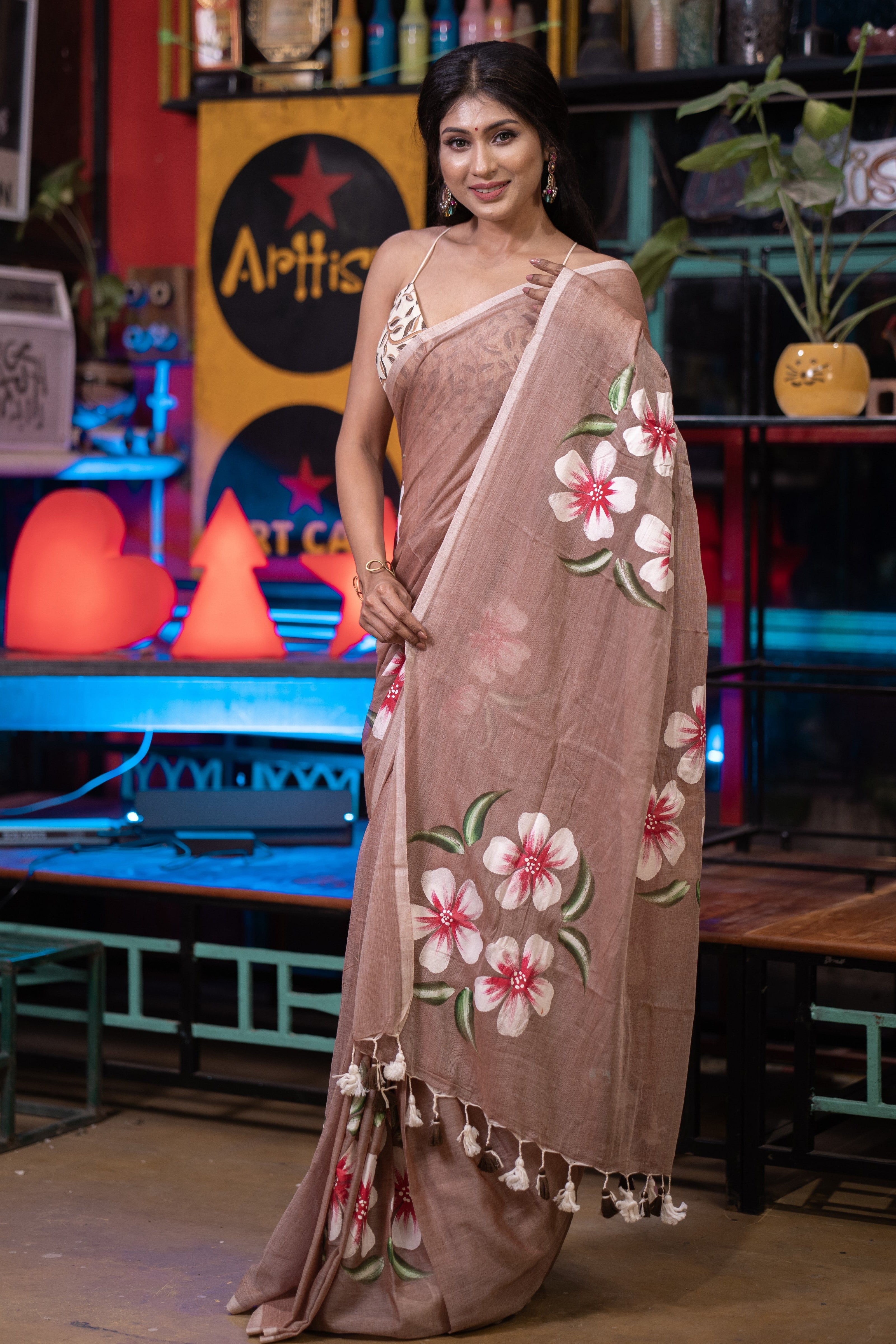 Mocha Flower Hand -Printed Mulmul Cotton Saree