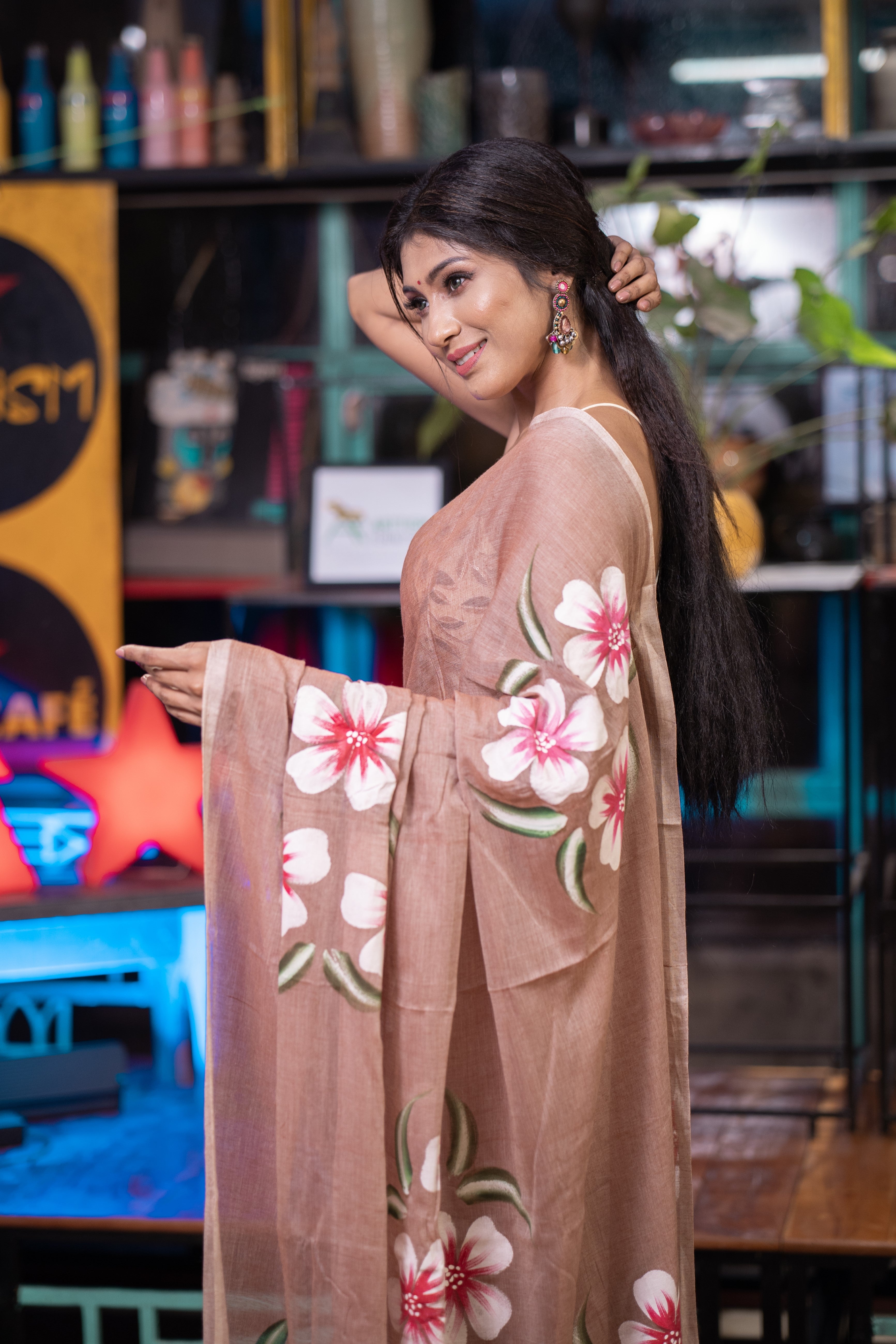 Mocha Flower Hand-Printed Mulmul Cotton Saree