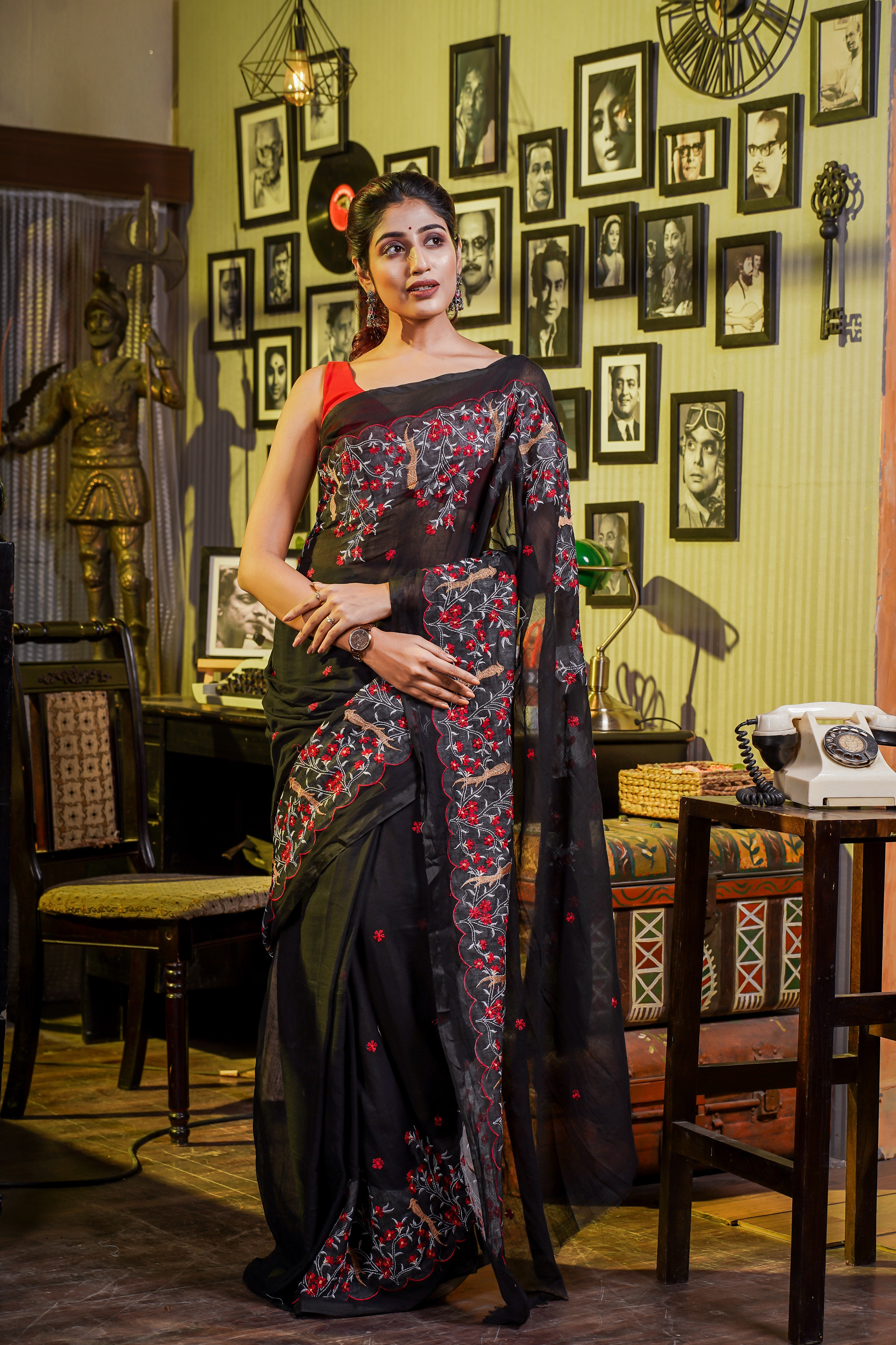 Roshni Raga Mul Mul Cotton Embroidery Saree- Black & Red