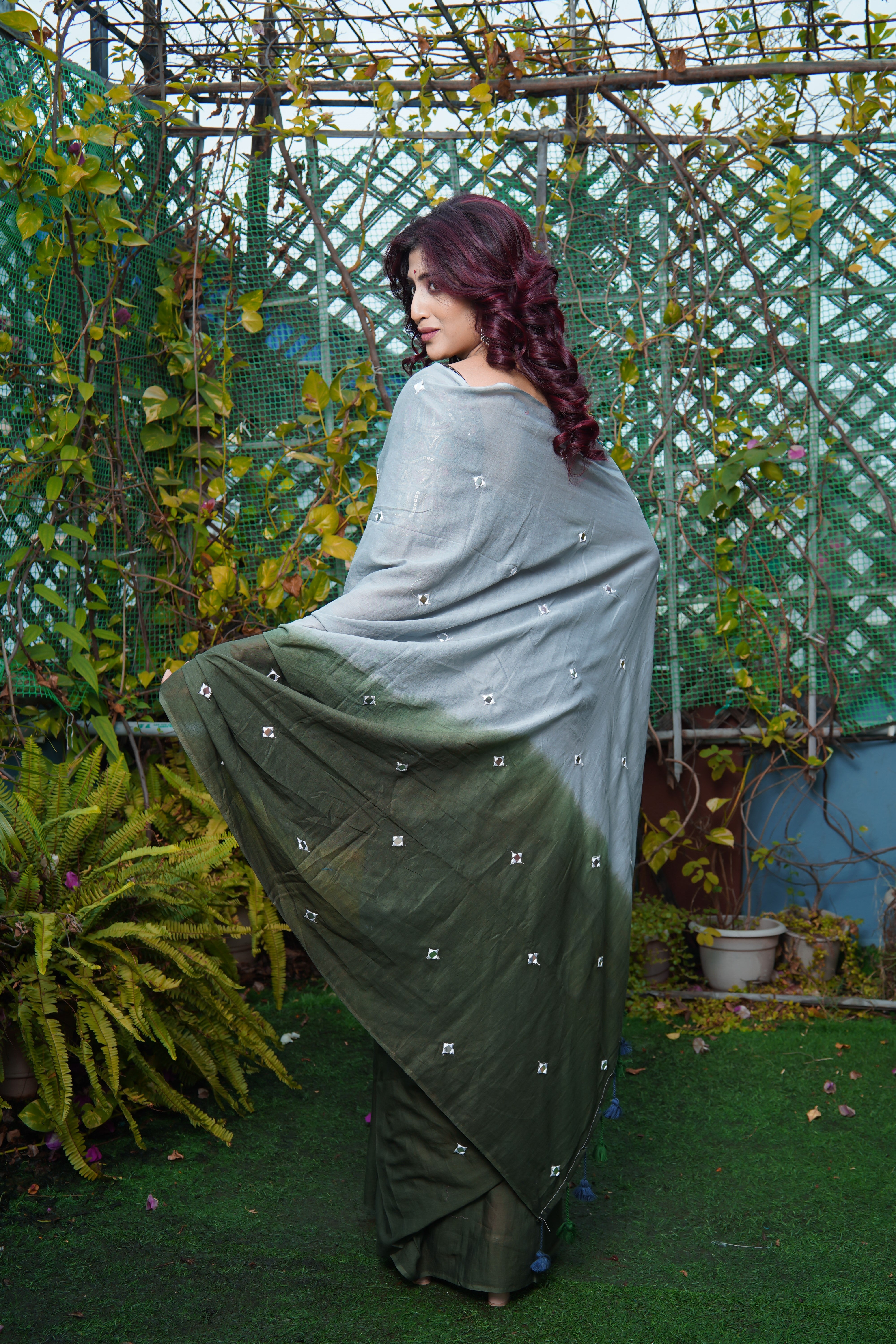 Pure Mul Cotton Mirror Work Saree