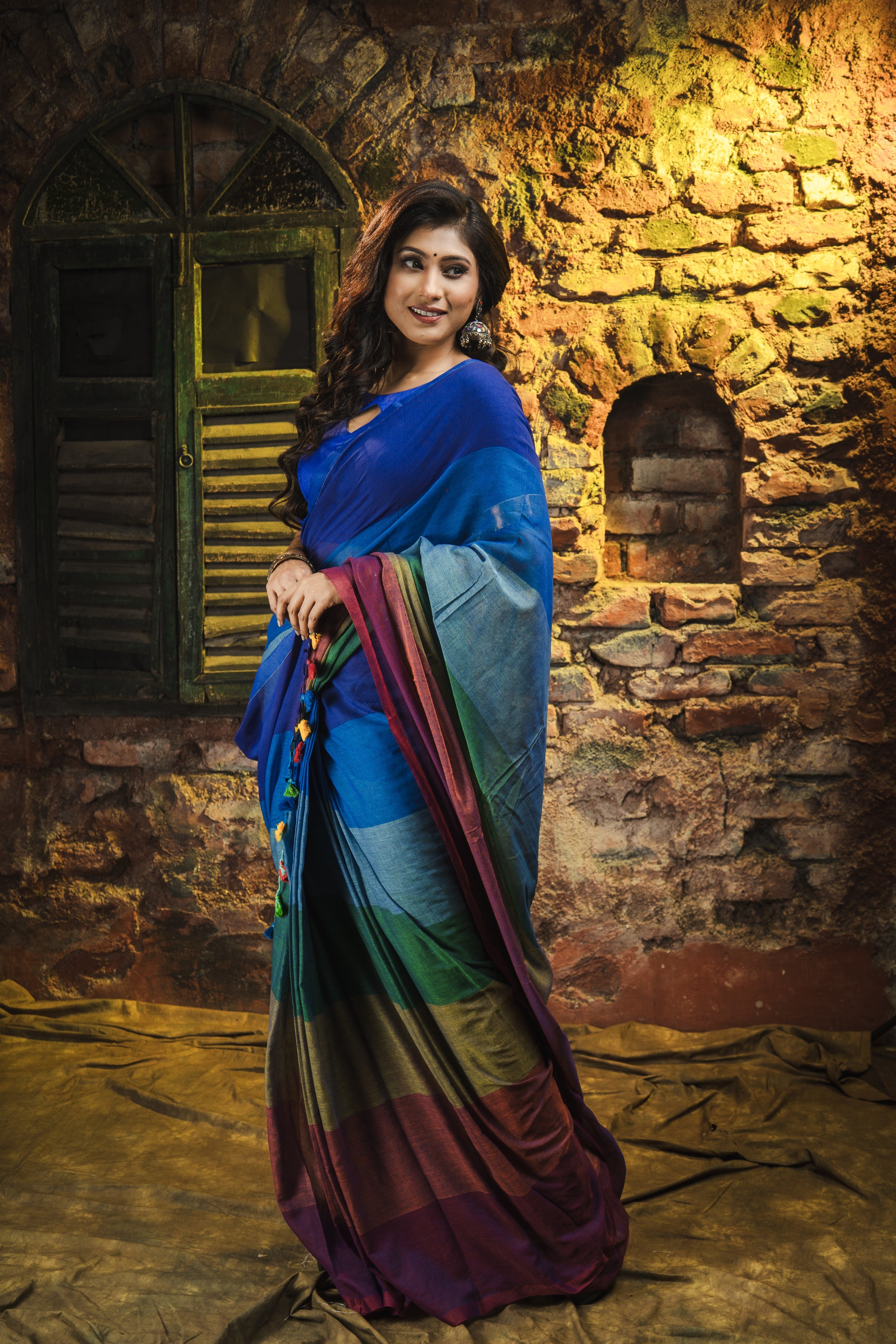 Multicolour Rainbow Mul Mul Cotton Saree- Green and Blue