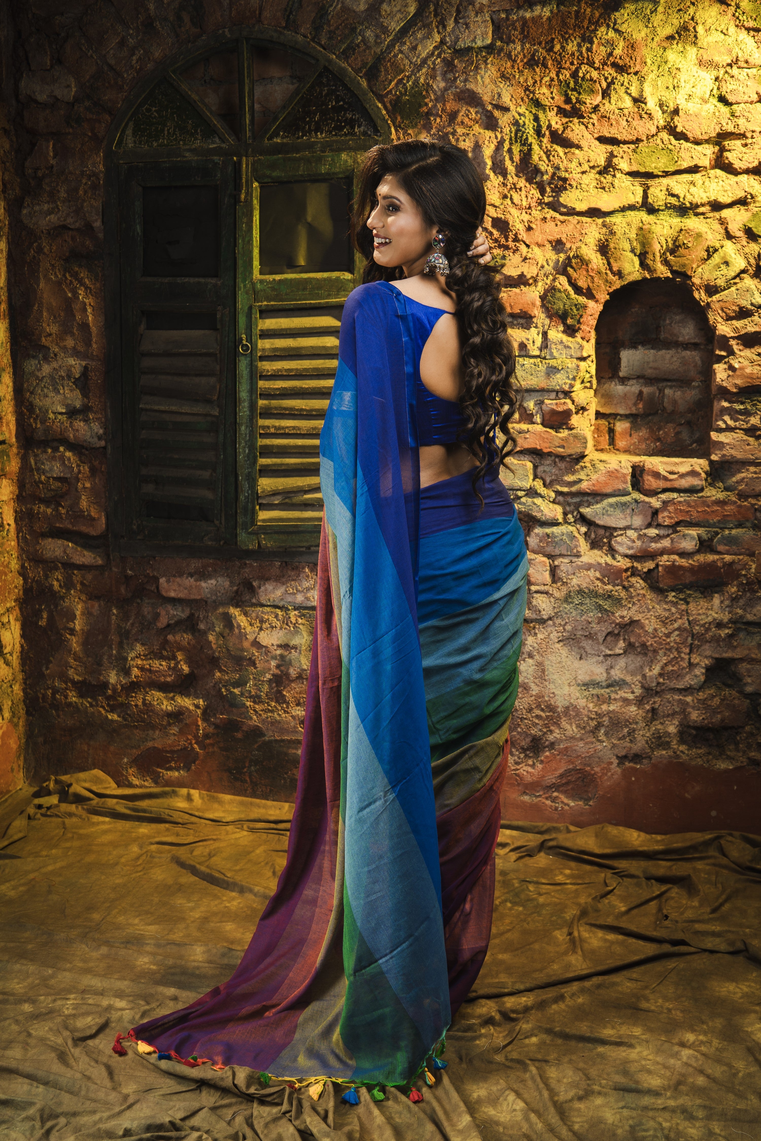 Multicolour Rainbow Mul Mul Cotton Saree- Green and Blue