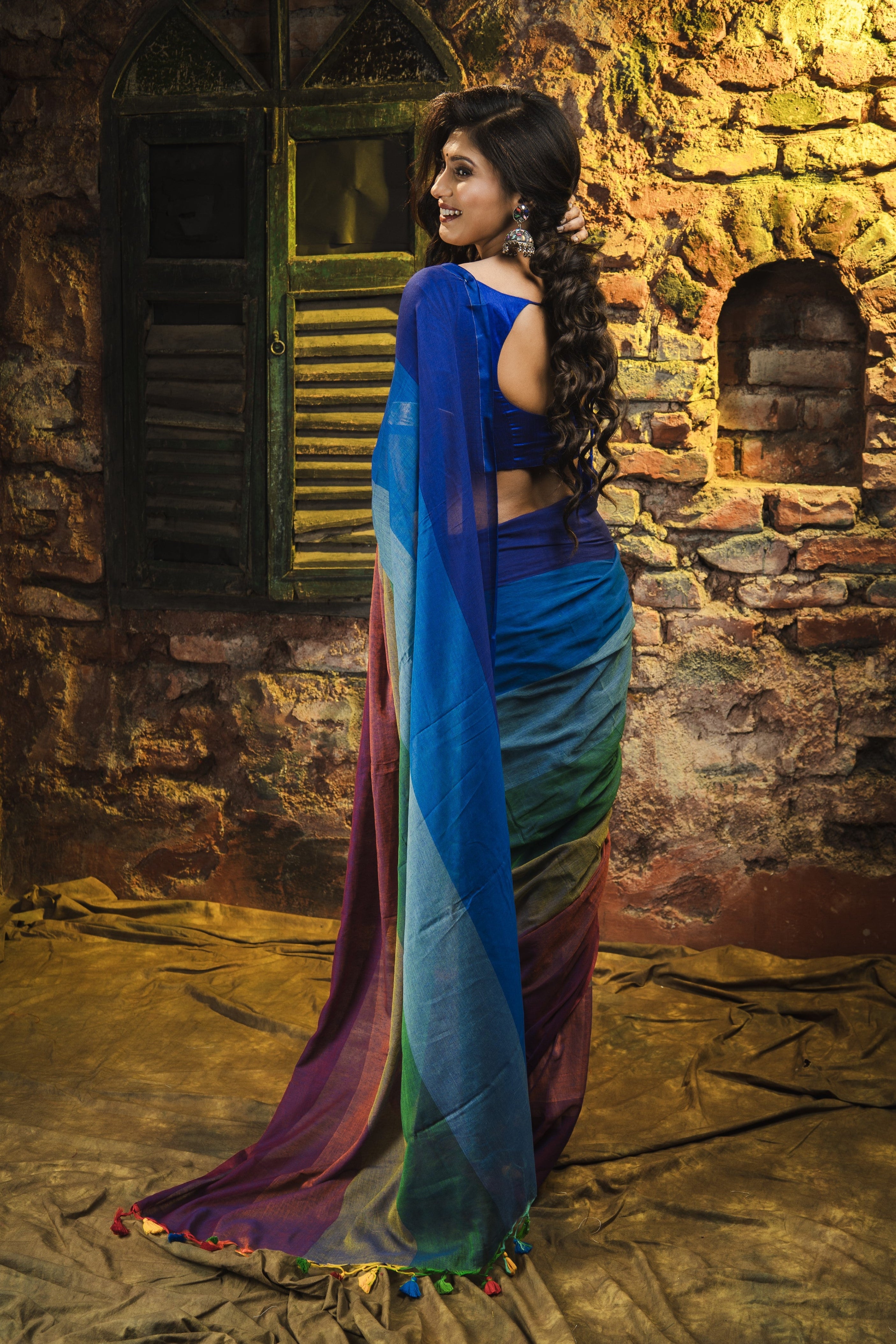 Multicolour Rainbow Mul Mul Cotton Saree