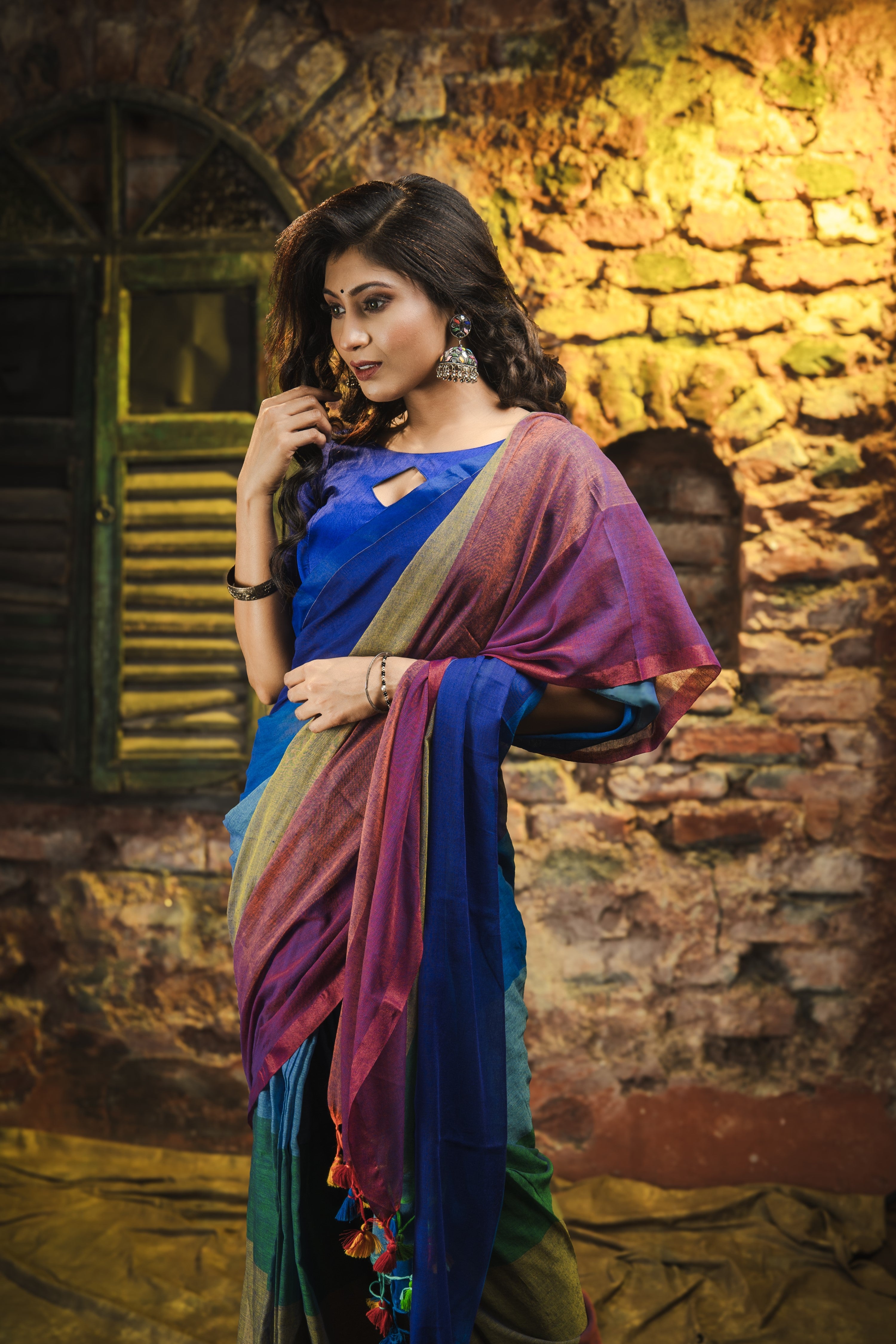 Multicolour Rainbow Mul Mul Cotton Saree- Green and Blue