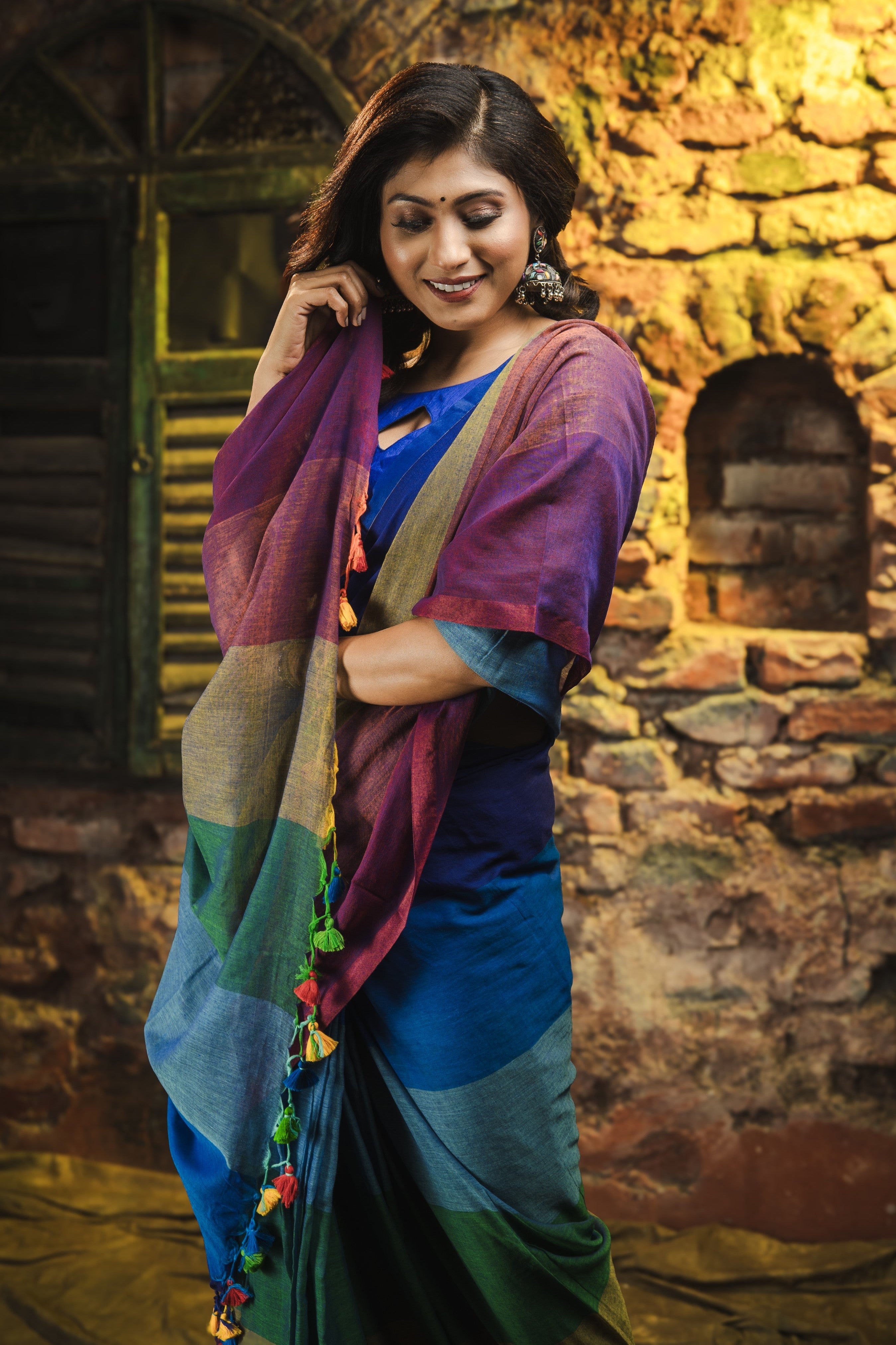 Multicolour Rainbow Mul Mul Cotton Saree