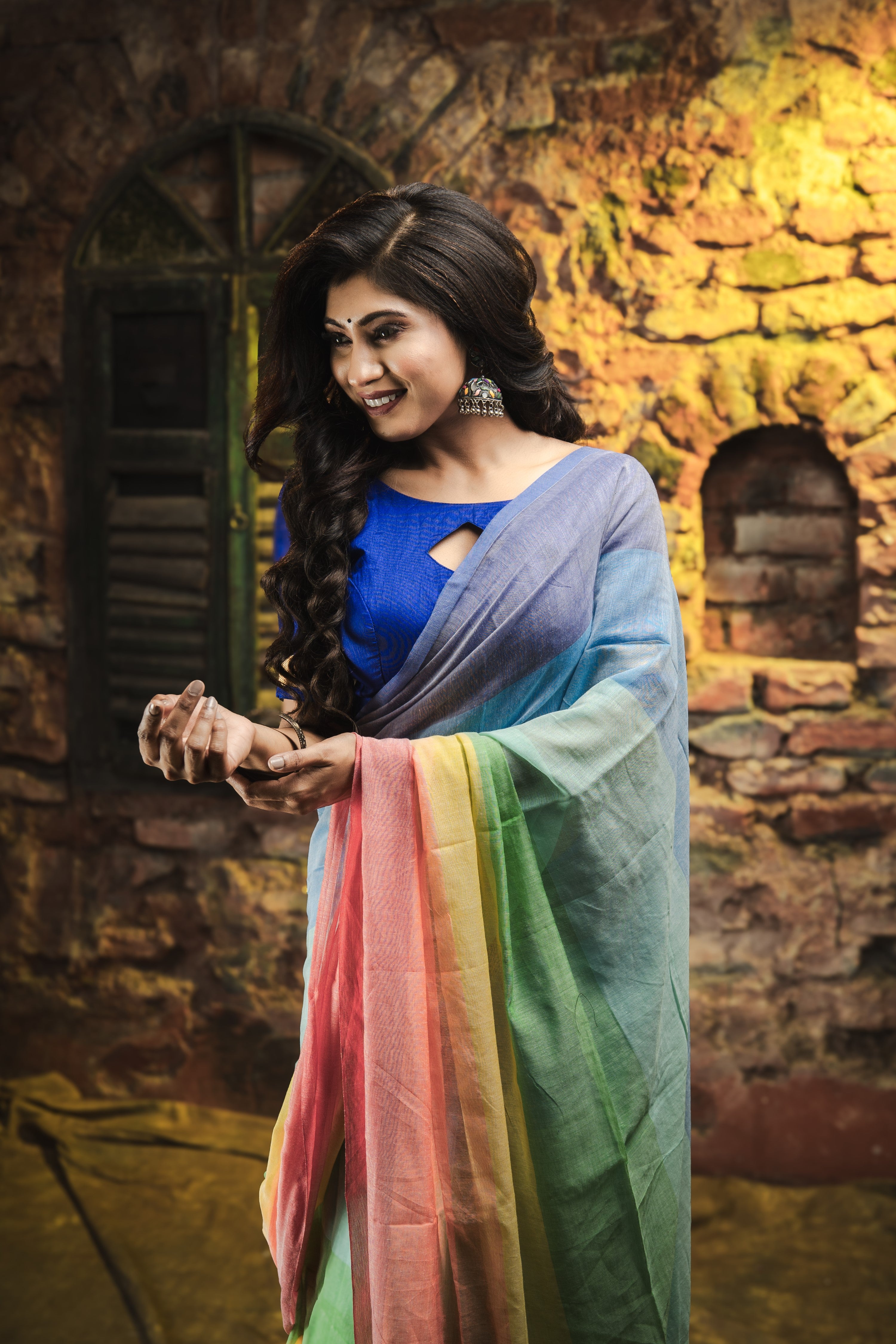 Multicolour Rainbow Mul Mul Cotton Saree- Orange and Blue