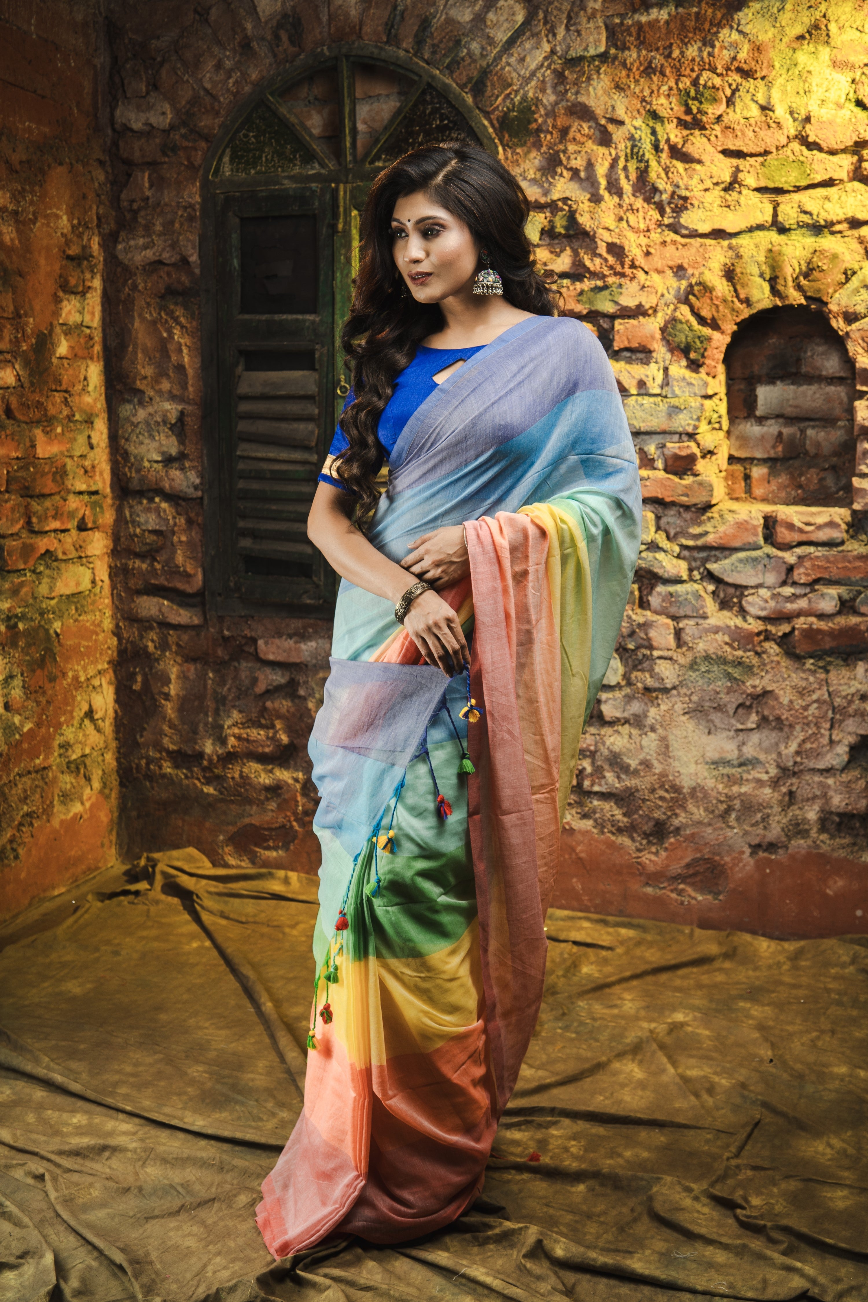 Multicolour Rainbow Mul Mul Cotton Saree- Orange and Blue