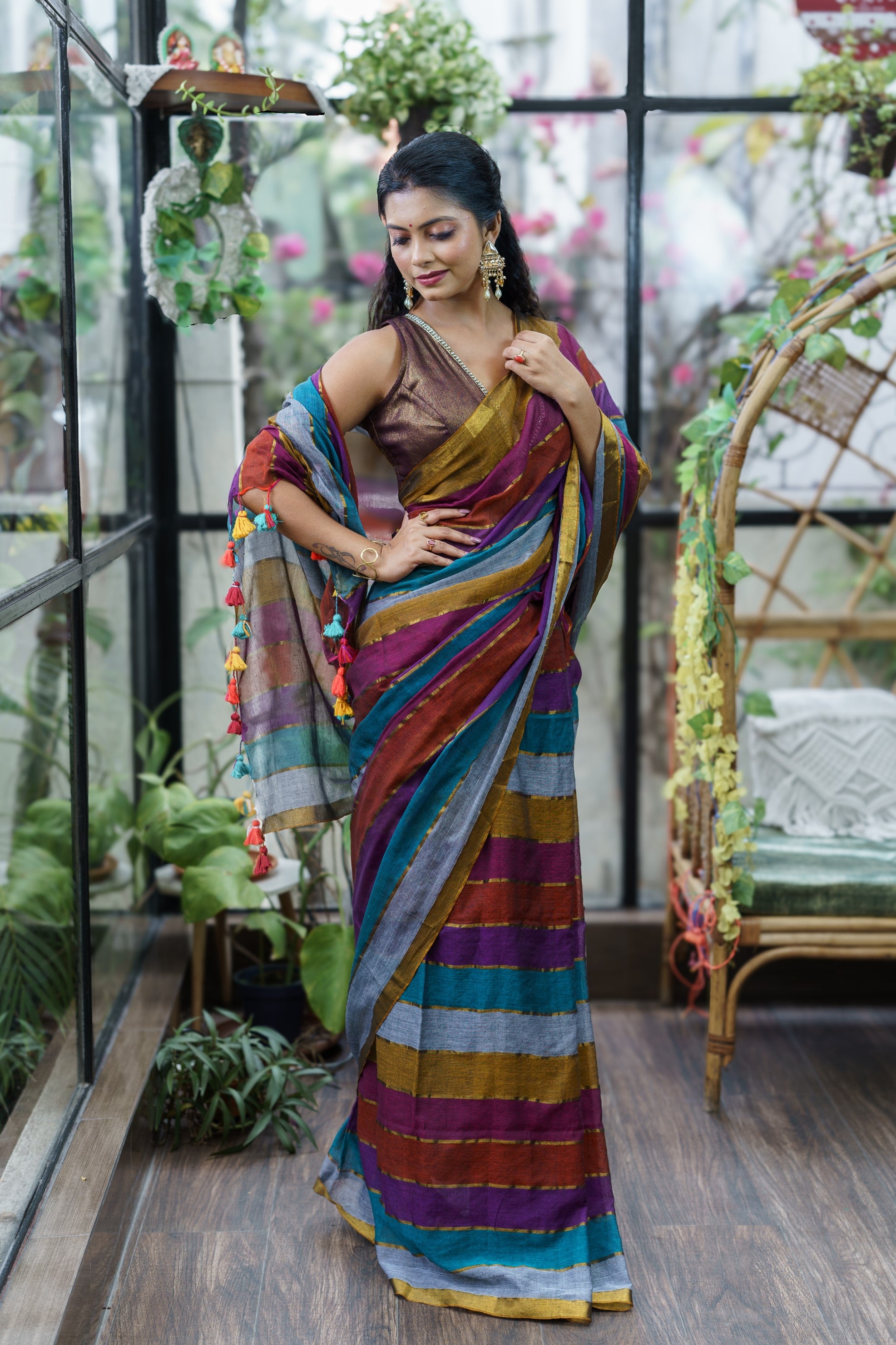 Multicolour Rainbow Mul Mul Cotton Saree with Blouse