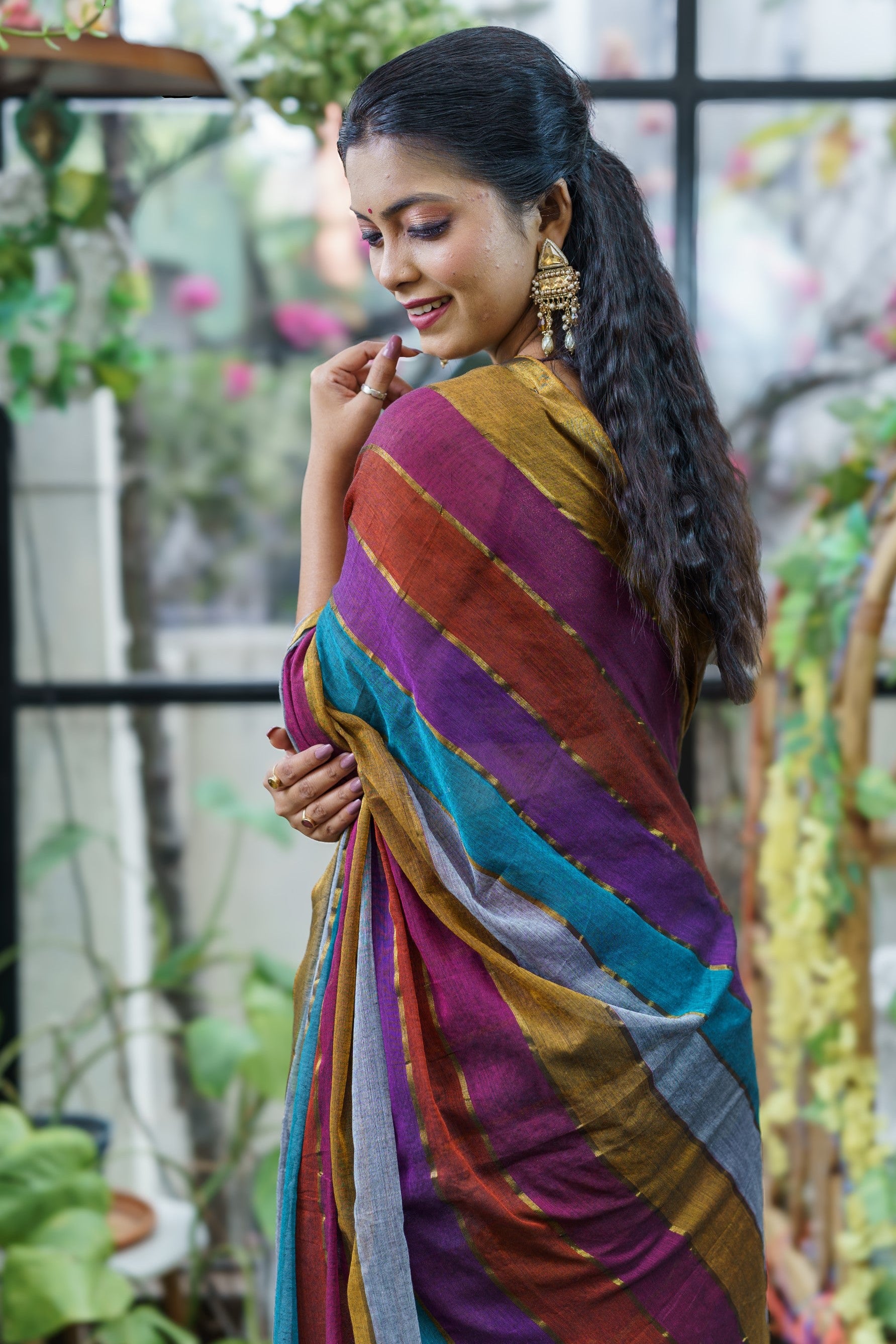 Multicolour Rainbow Mul Mul Cotton Saree with Blouse pieces