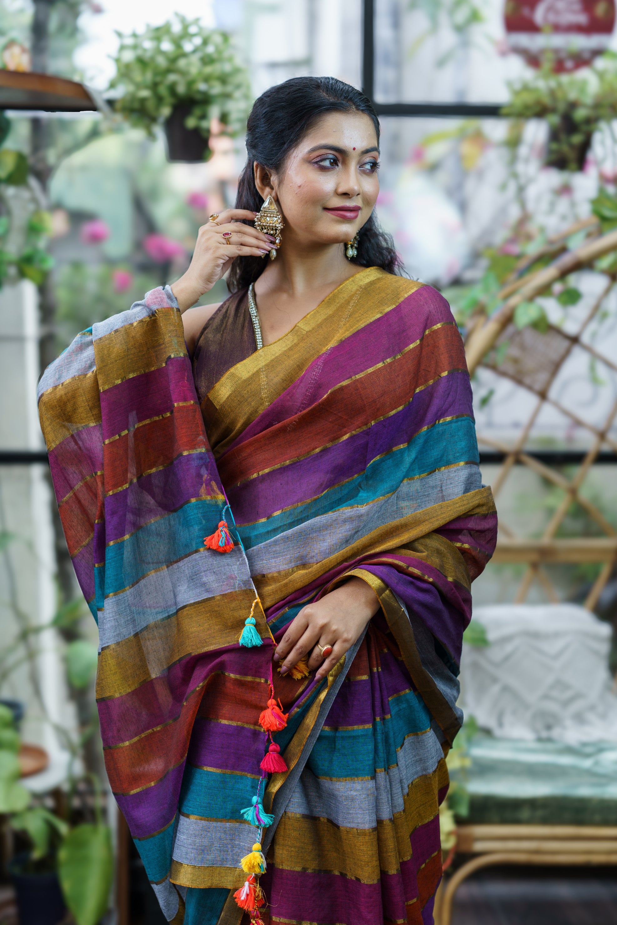 Multicolour Rainbow Mul Mul Cotton Saree with Blouse