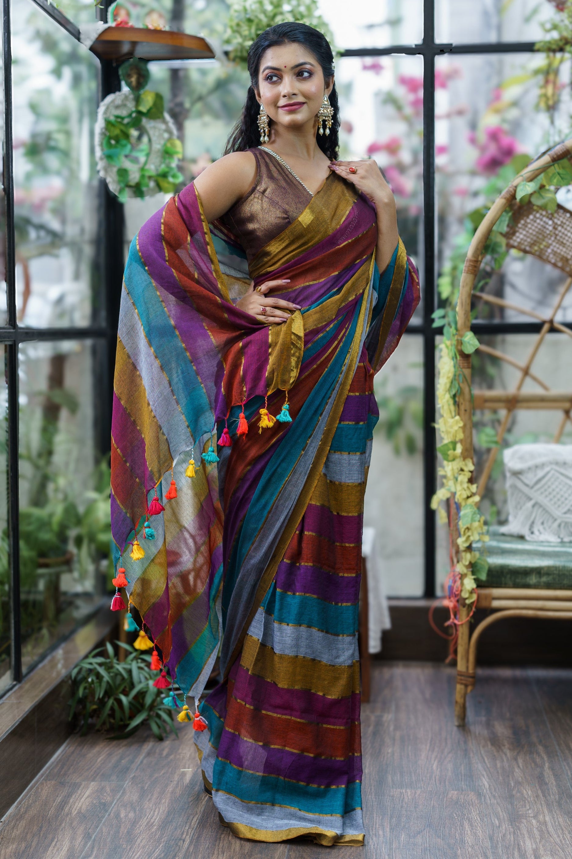 Multicolour Rainbow Mul Mul Cotton Saree with Blouse pieces