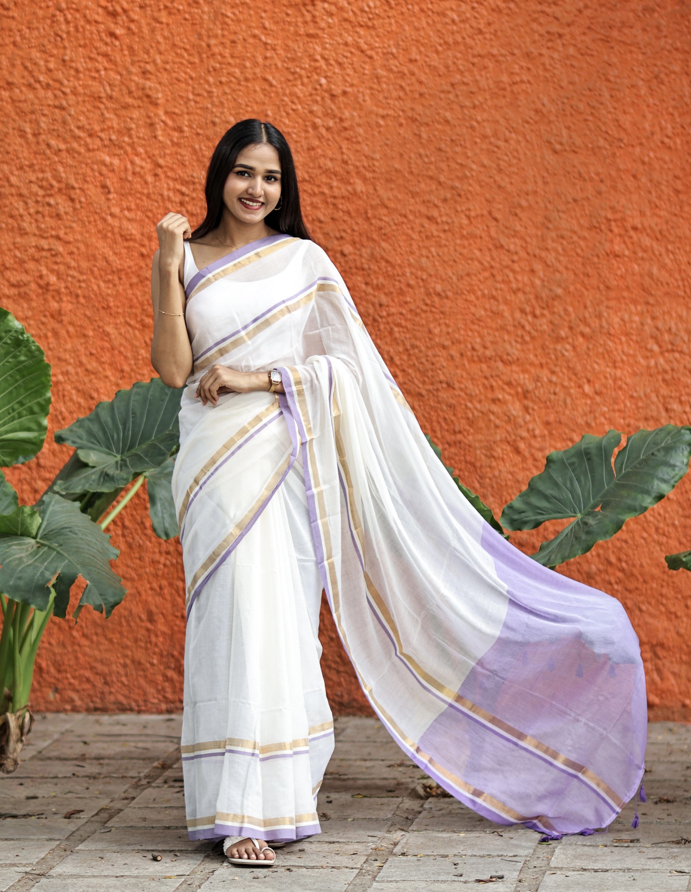 Off White Mul Mul Cotton Saree With purple & golden Border