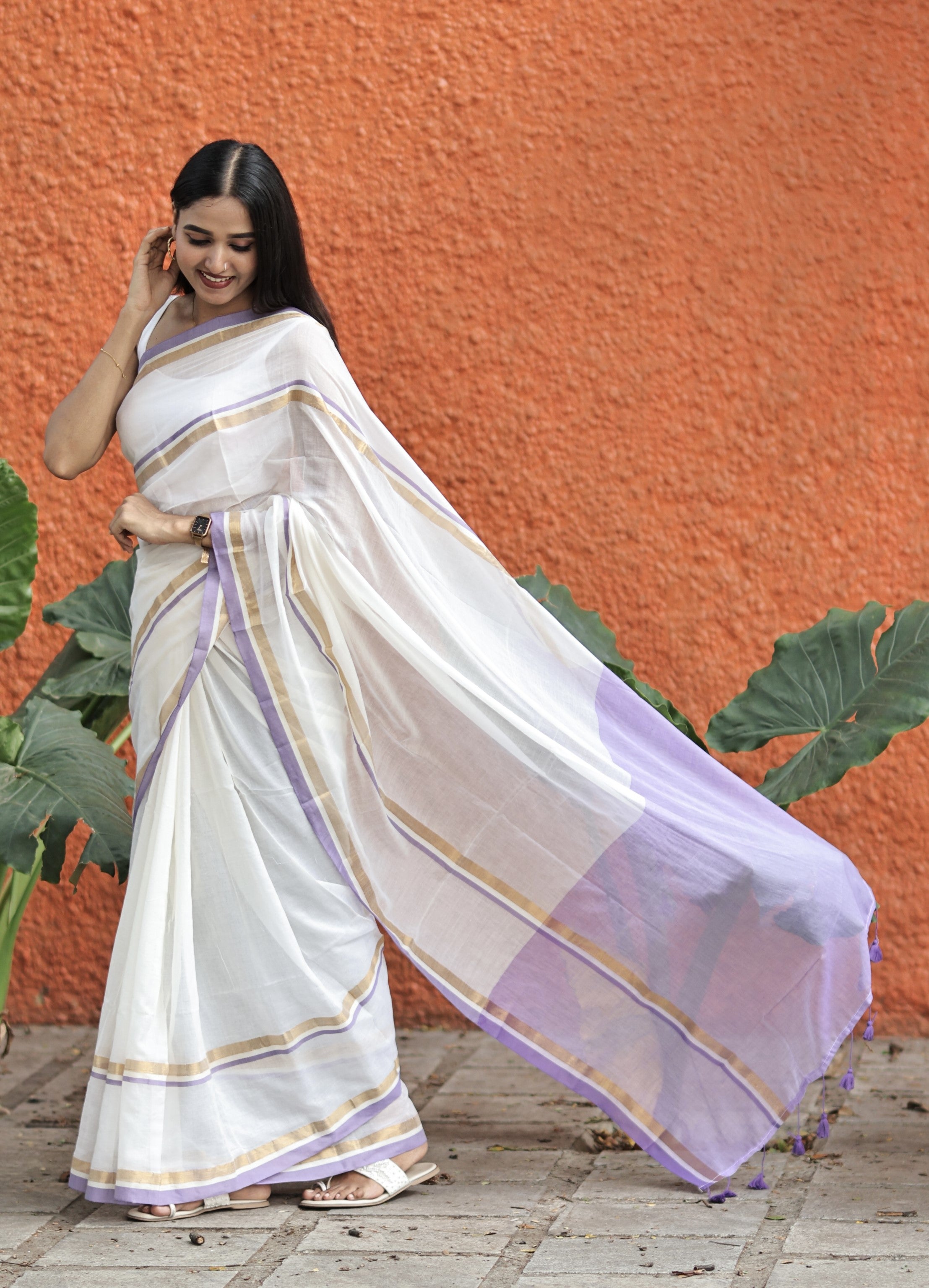 Off White Mul Mul Cotton Saree With purple & golden Border