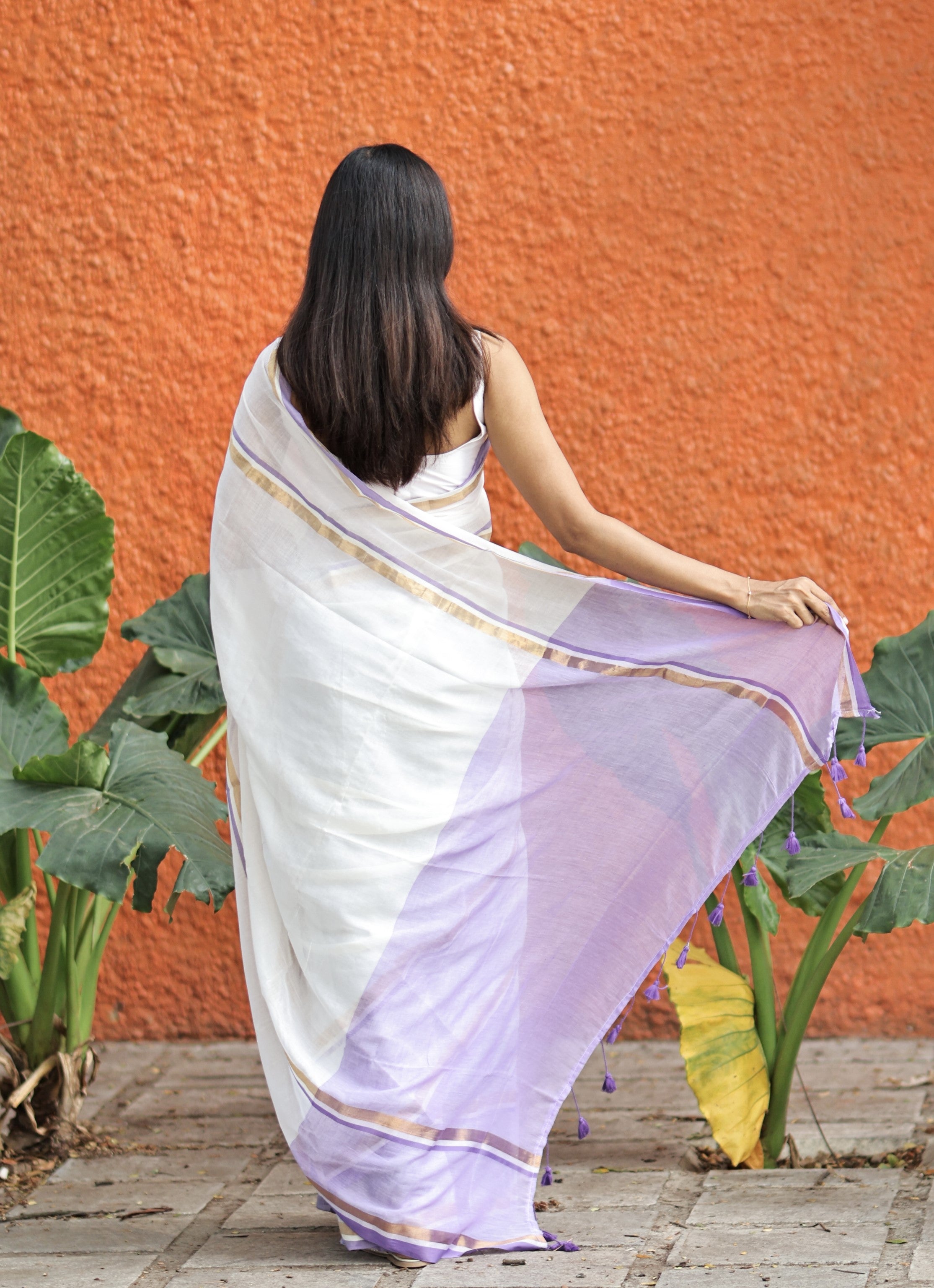 Off White Mul Mul Cotton Saree With purple & golden Border
