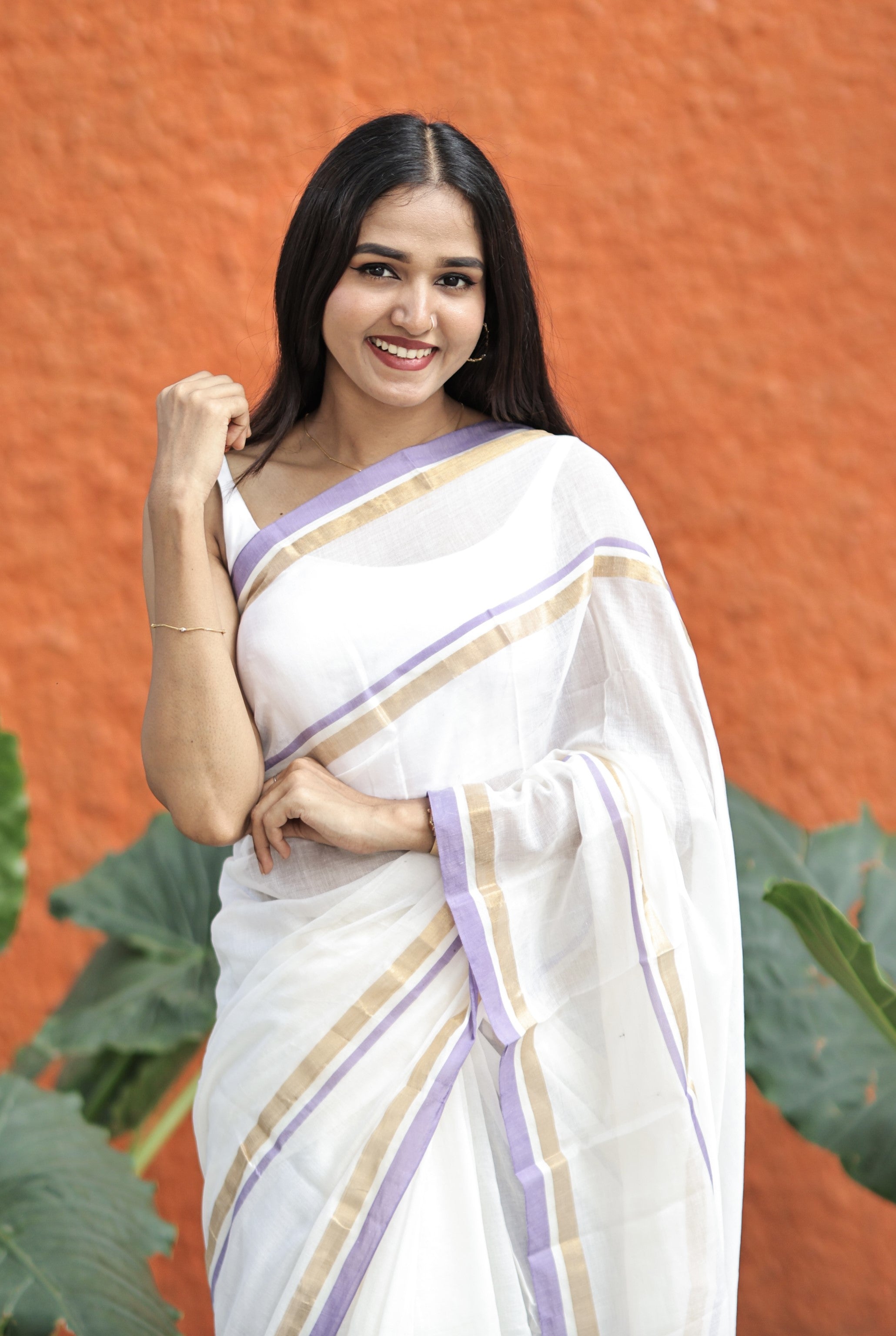 Off White Mul Mul Cotton Saree With purple & golden Border