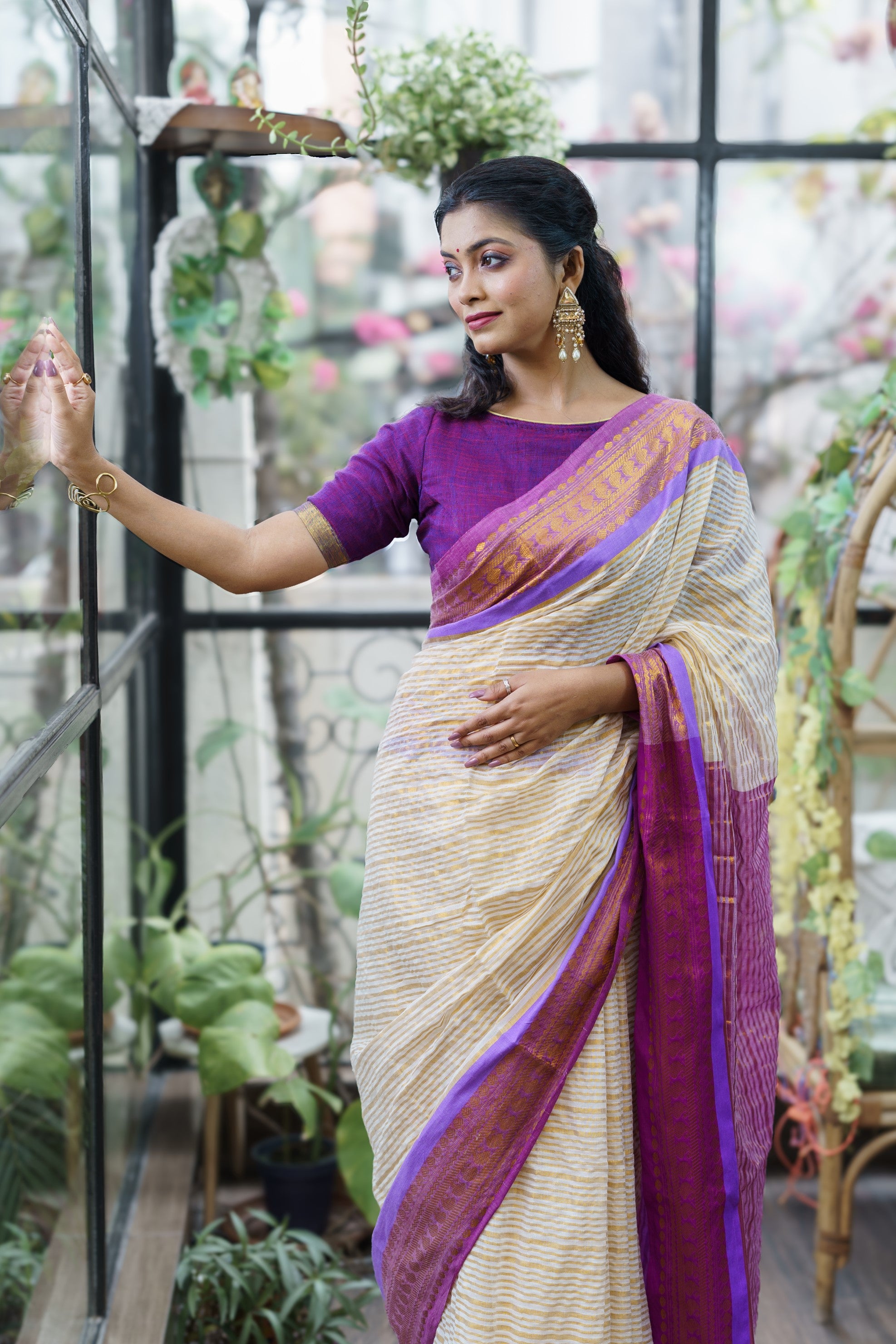 Off White Mulmul Cotton Saree with Golden Zari Stripes With Blouse Piece