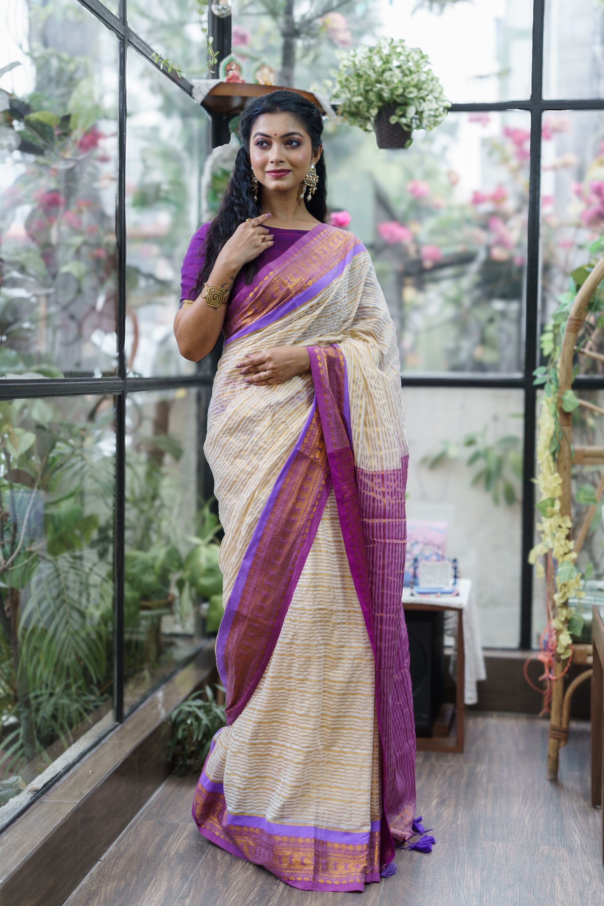 Off White Mulmul Cotton Saree with Golden Zari Stripes With Blouse Piece