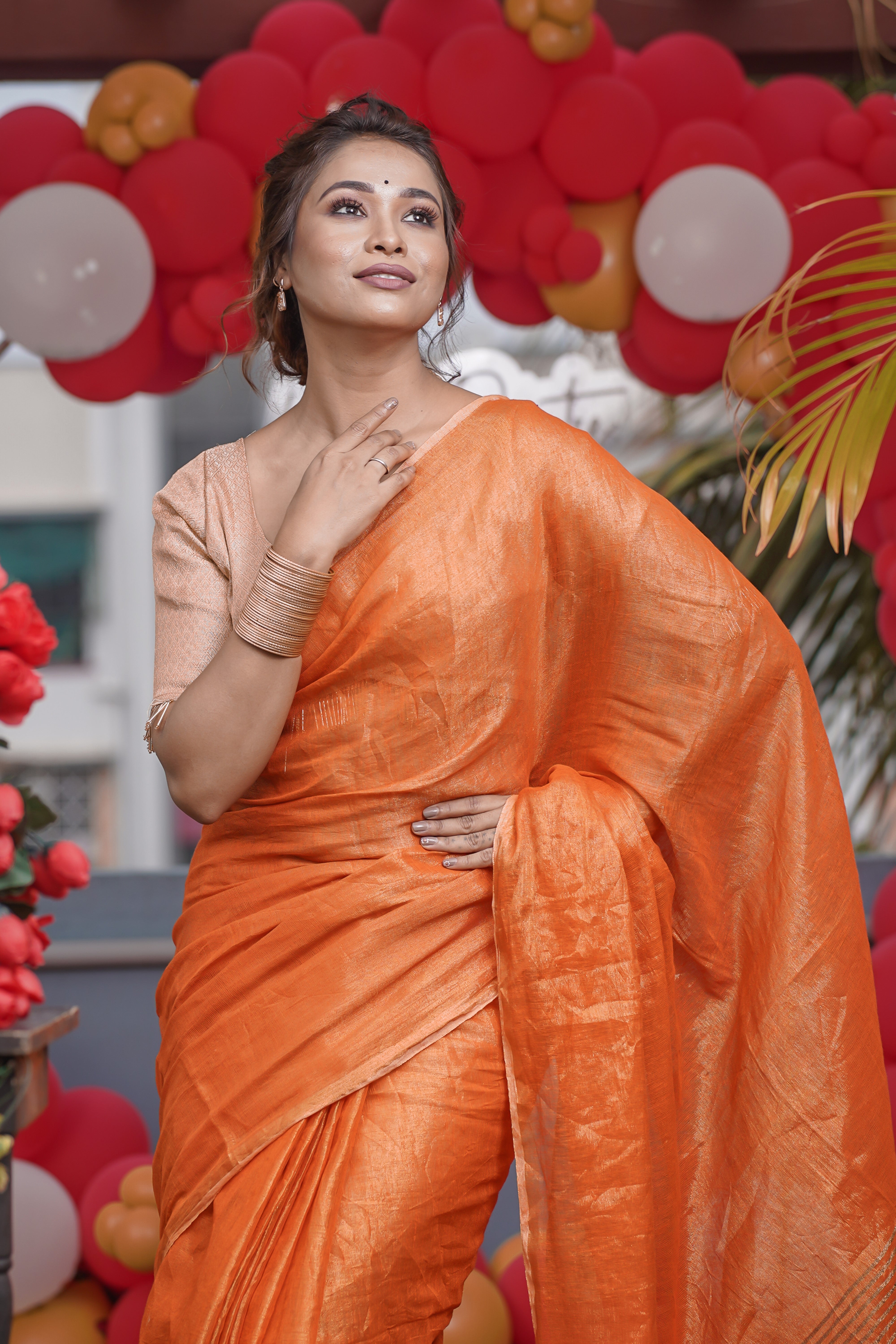 Orange Dual Tone Pure Tissue Linen Saree