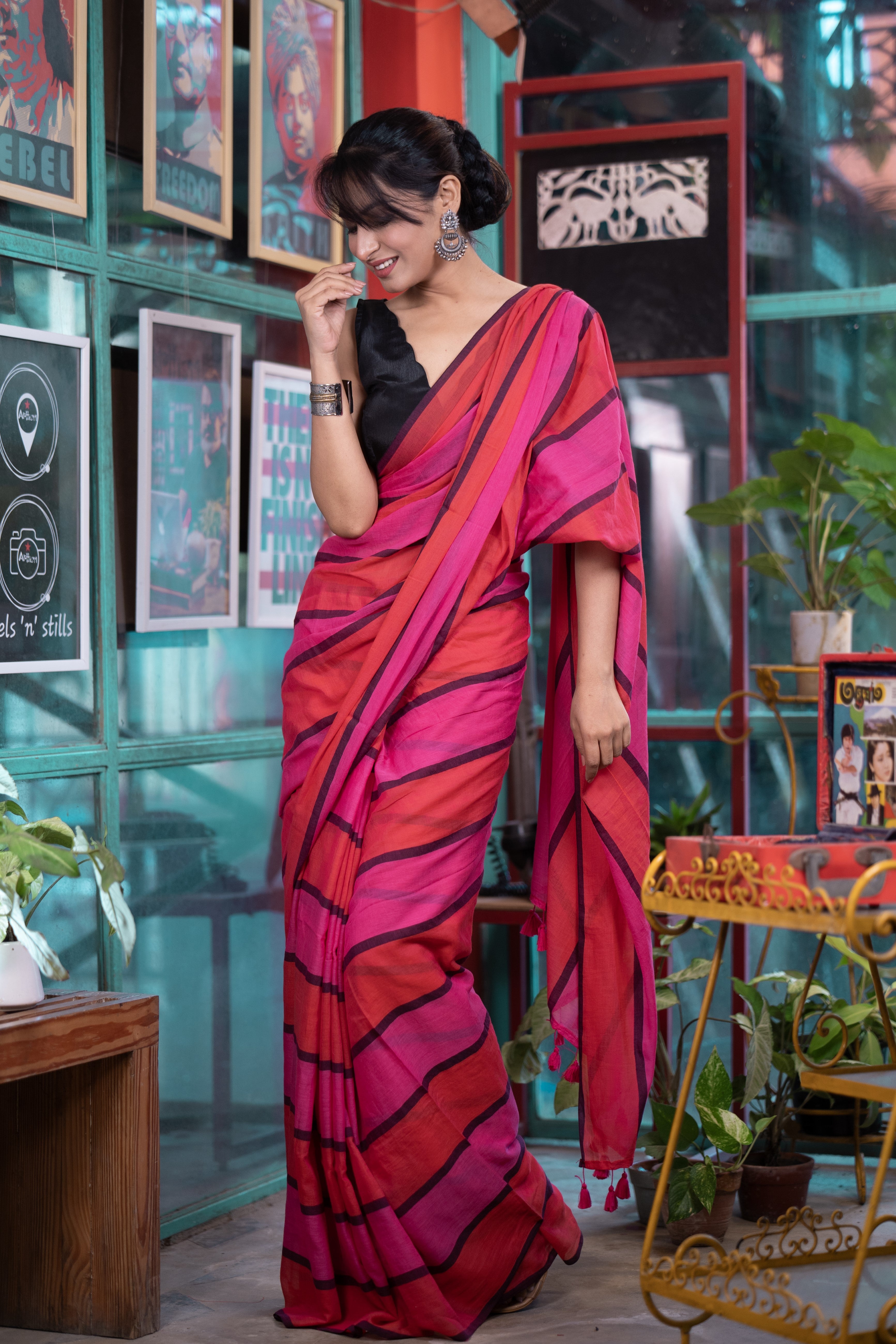Check Mul Mul Cotton Saree - Orange and Rani